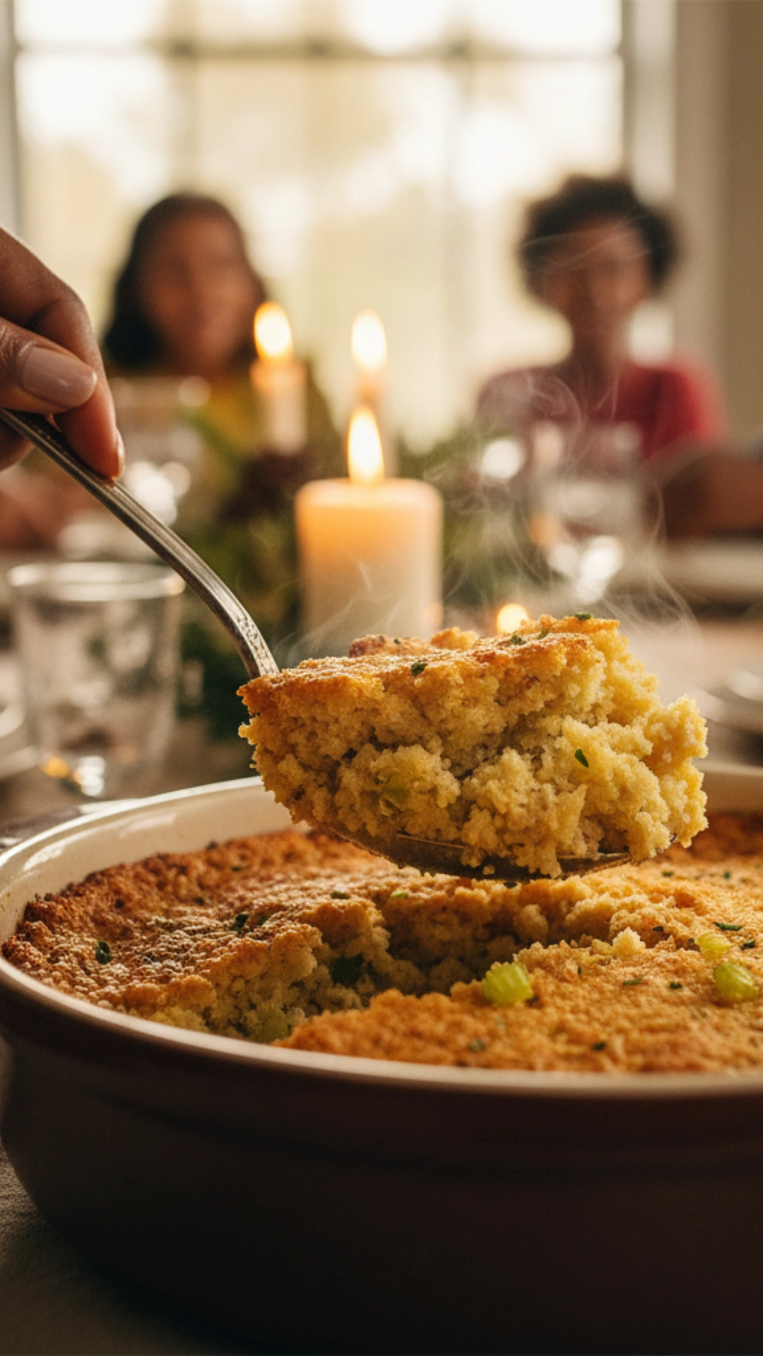 10 Classic Southern Thanksgiving Dishes You’ll Love 4 A large spoon serves a scoop of baked Southern cornbread dressing from a casserole dish.