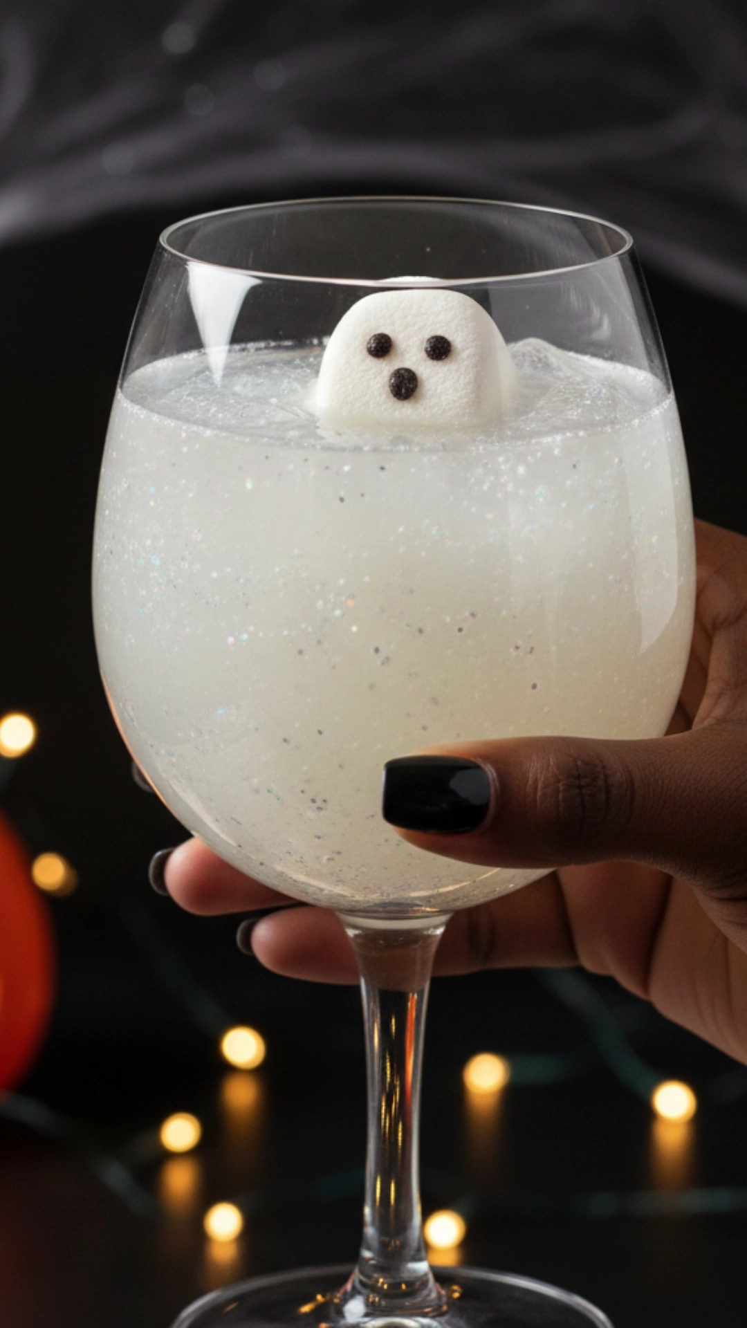 15 Fun Non Alcoholic Halloween Punch Recipes 7 A glass of shimmering white nonalcoholic punch with edible glitter, topped with a friendly ghost marshmallow for a magical Halloween drink.