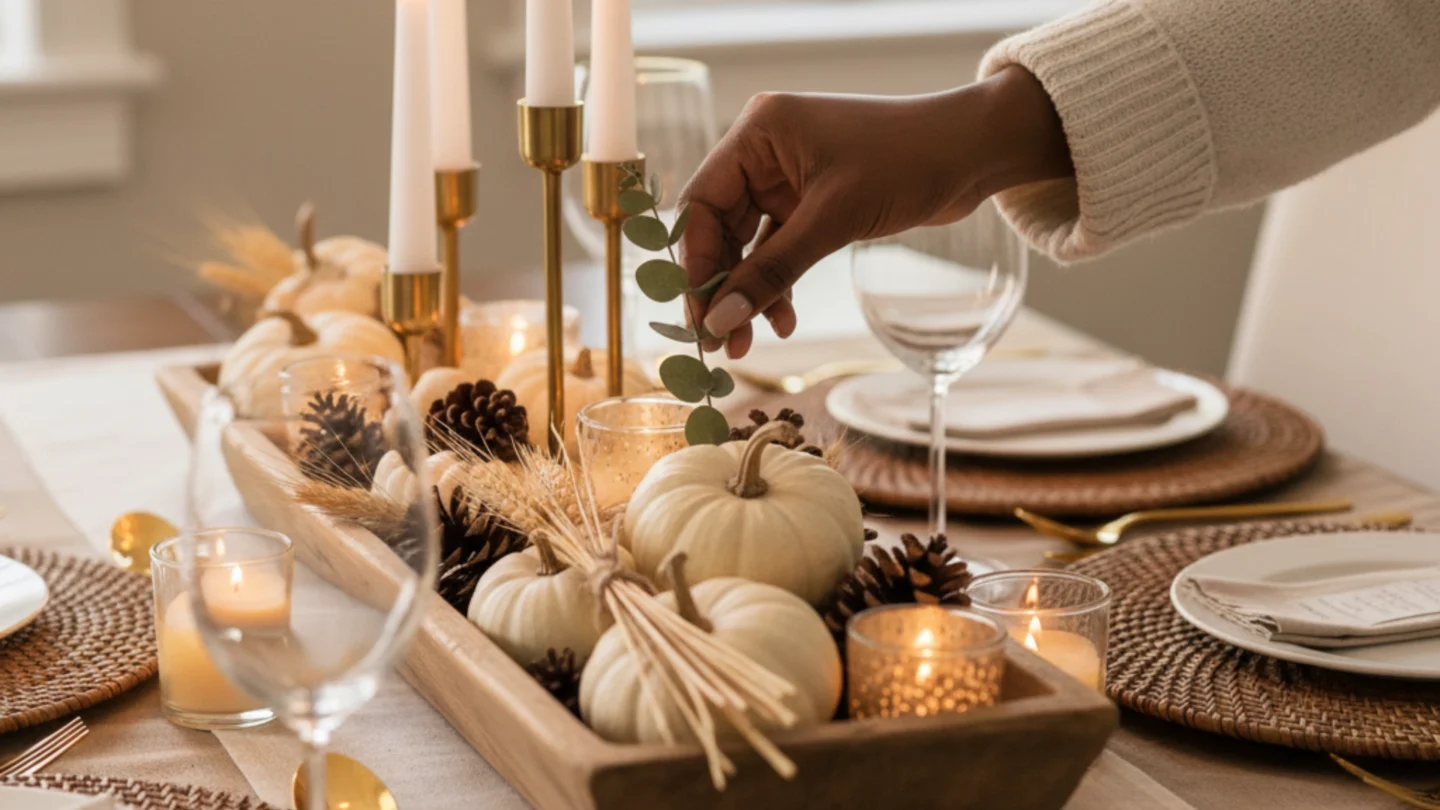 12 Shocking Thanksgiving Table Decor Ideas You Need 1 A woman's hand arranging a beautiful Thanksgiving table decor centerpiece with pumpkins and greenery.