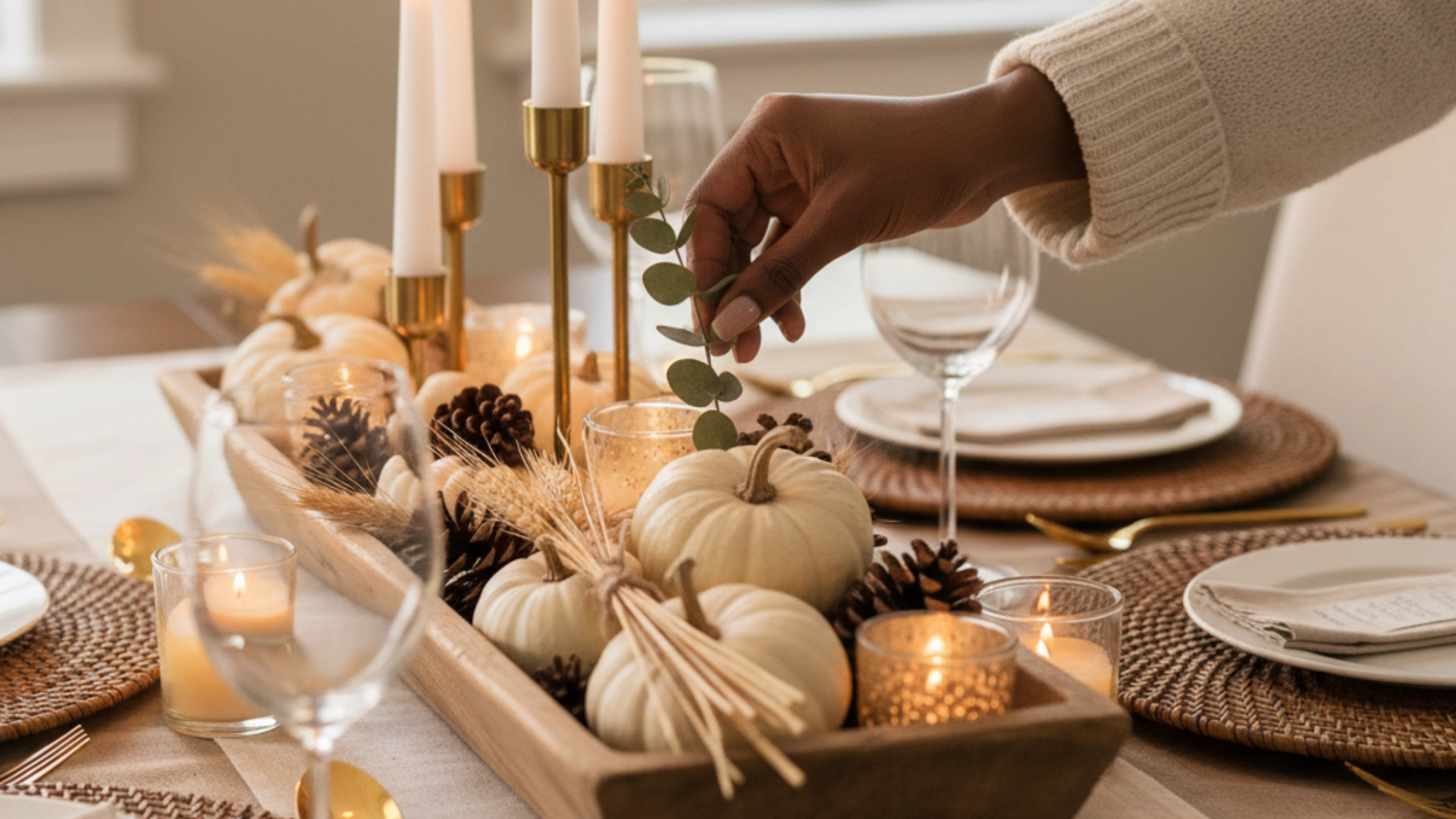 A woman's hand arranging a beautiful Thanksgiving table decor centerpiece with pumpkins and greenery.