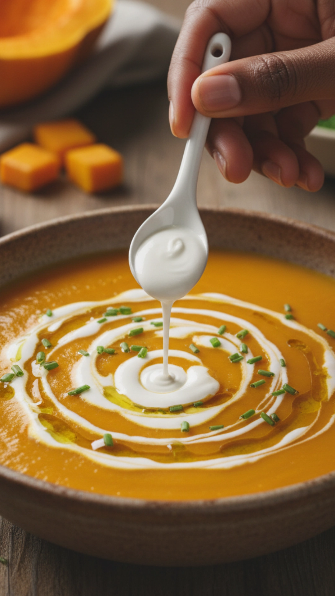 18 Amazing Healthy Thanksgiving Recipes to Try Now 9 A bowl of creamy butternut squash soup being garnished with cream