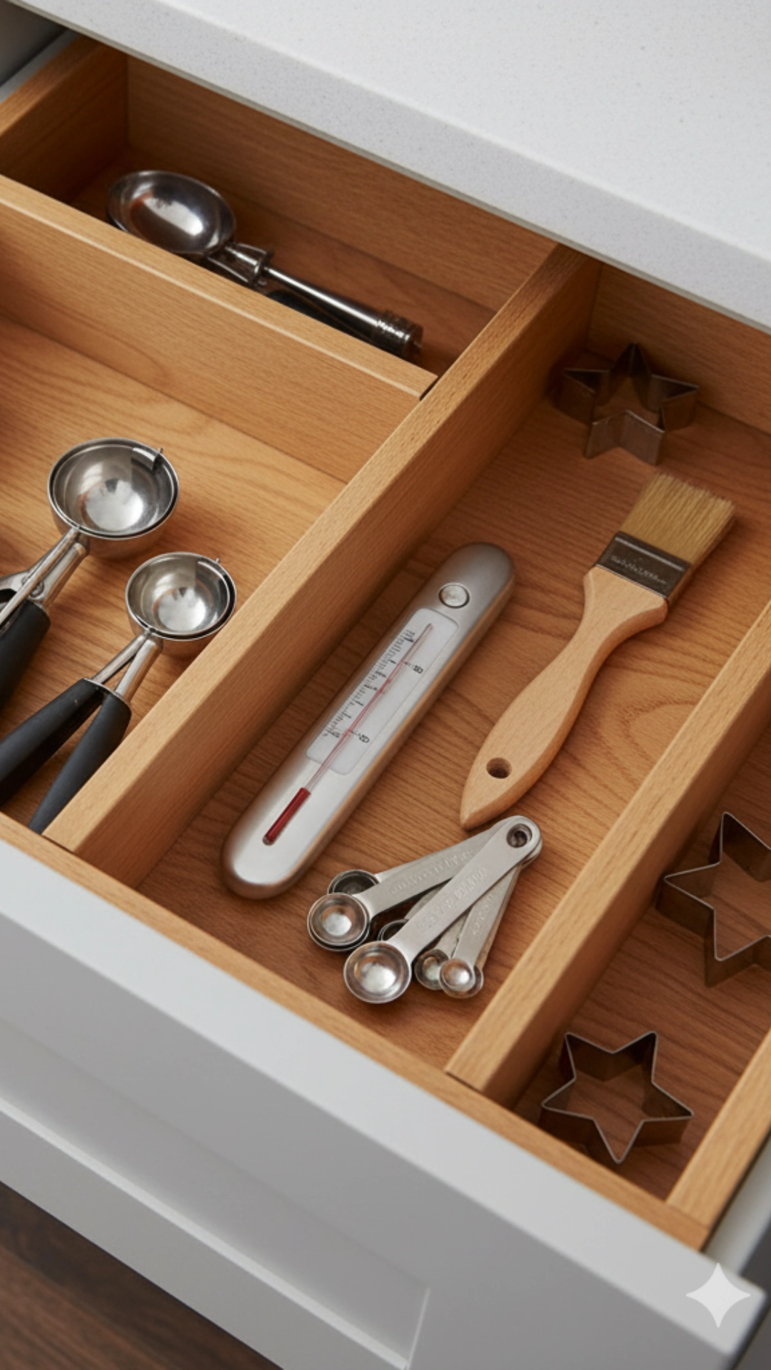 The Ultimate Guide to Home Baking Essentials 13 An organized kitchen drawer with two cookie scoops, two oven thermometers,