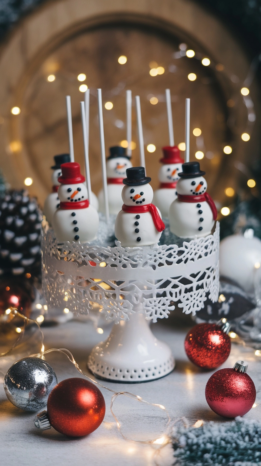16 Irresistible Christmas Desserts That Will Wow Your Guests 10 A display of snowman cake pops decorated with hats and scarves, surrounded by Christmas ornaments and fairy lights.