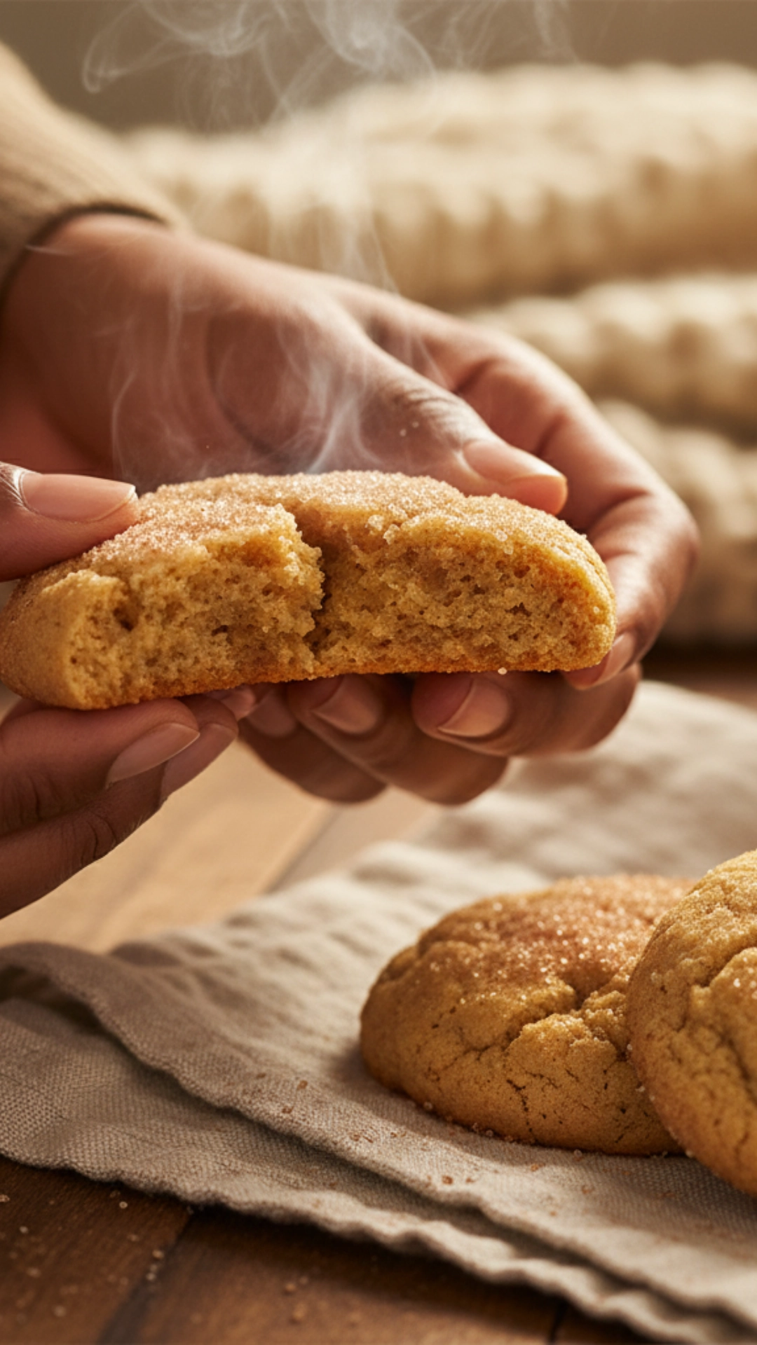 A warm apple cider cookie is broken in half, showcasing its soft, chewy interior with steam rising from the center.