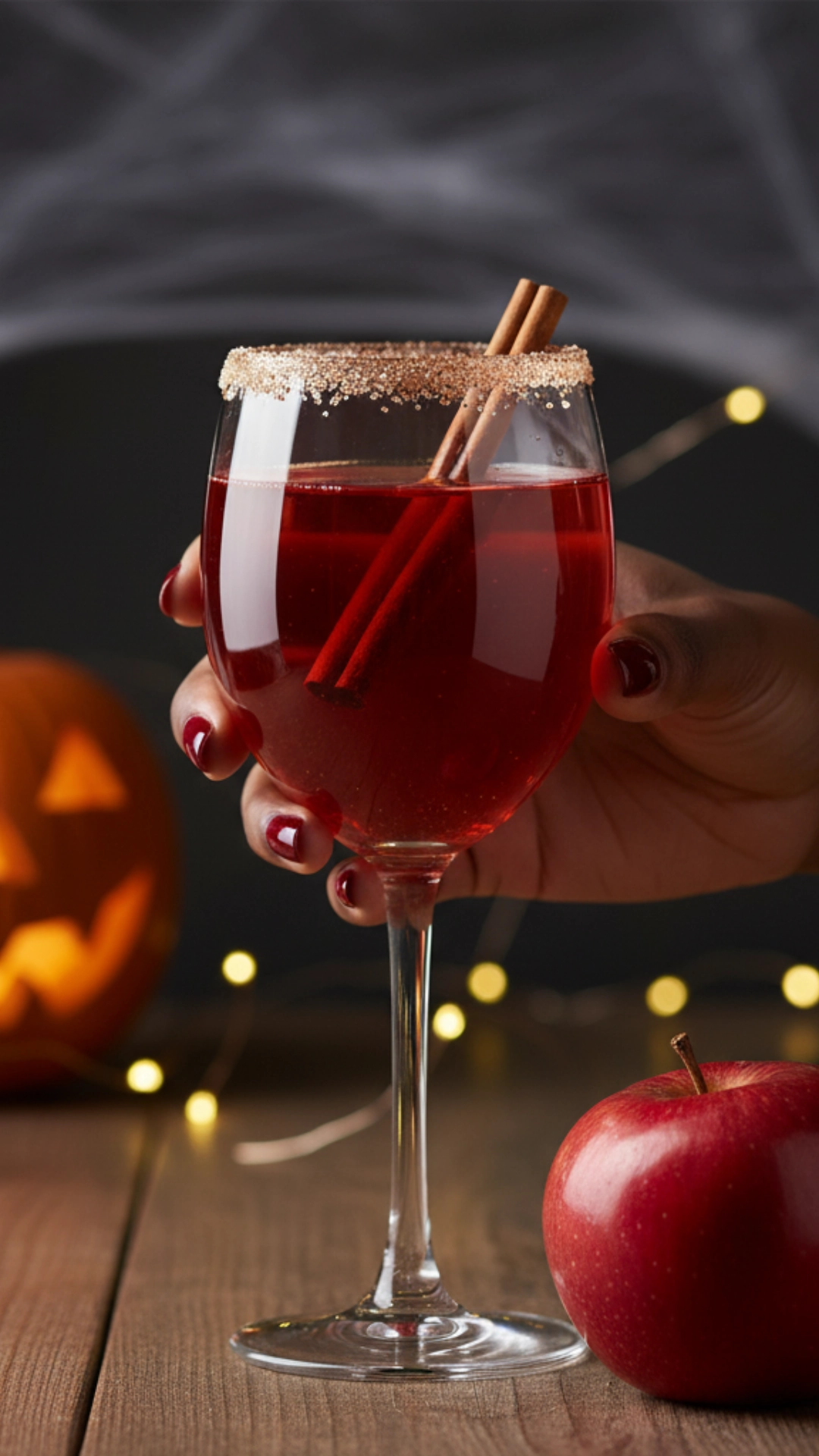 15 Fun Non Alcoholic Halloween Punch Recipes 8 A hand holding a glass of a vibrant red nonalcoholic enchanted apple punch recipe next to a fresh red apple.