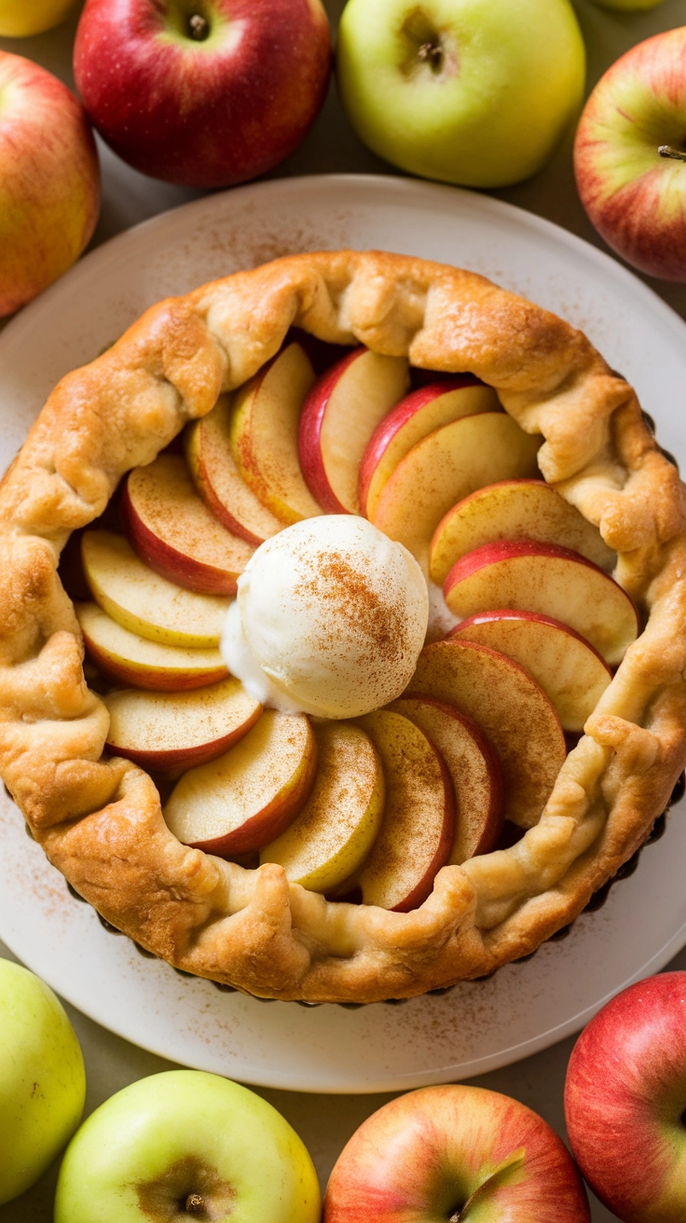 16 Irresistible Christmas Desserts That Will Wow Your Guests 4 A beautifully arranged spiced apple tart with apple slices and a scoop of ice cream, surrounded by fresh apples.