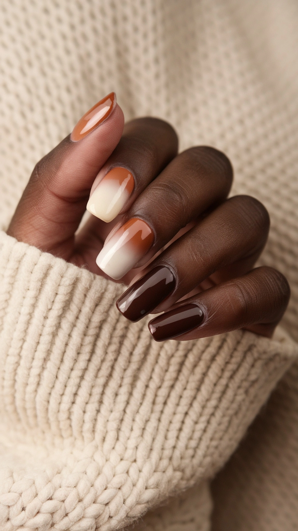 How to Create the Perfect Fall Ombre Nails at Home 5 Hand with cream, caramel, and coffee brown ombre nails against a sweater.
