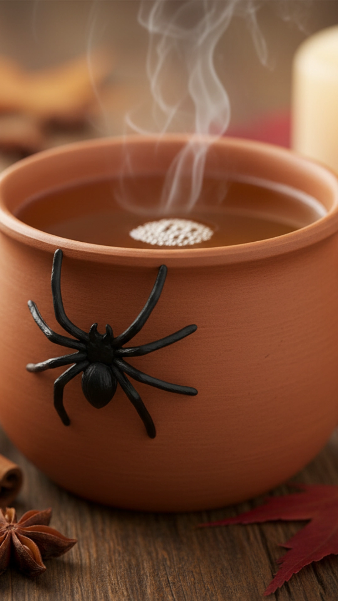 15 Fun Non Alcoholic Halloween Punch Recipes 13 A warm mug of spiced apple cider, a perfect nonalcoholic Halloween drink, garnished with a friendly plastic spider on the rim.
