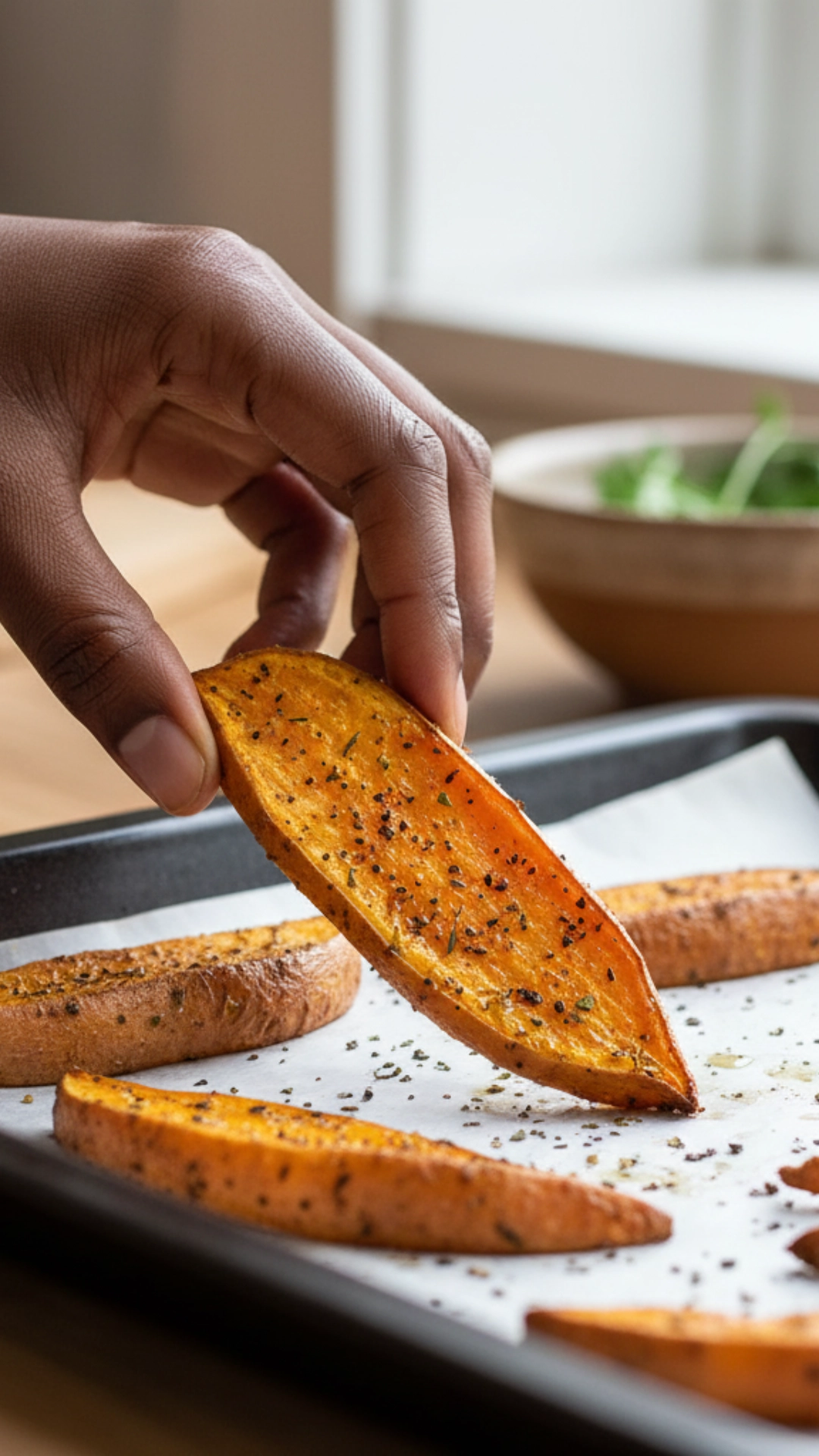 18 Amazing Healthy Thanksgiving Recipes to Try Now 11 A hand holding a crispy, oven-baked sweet potato wedge.