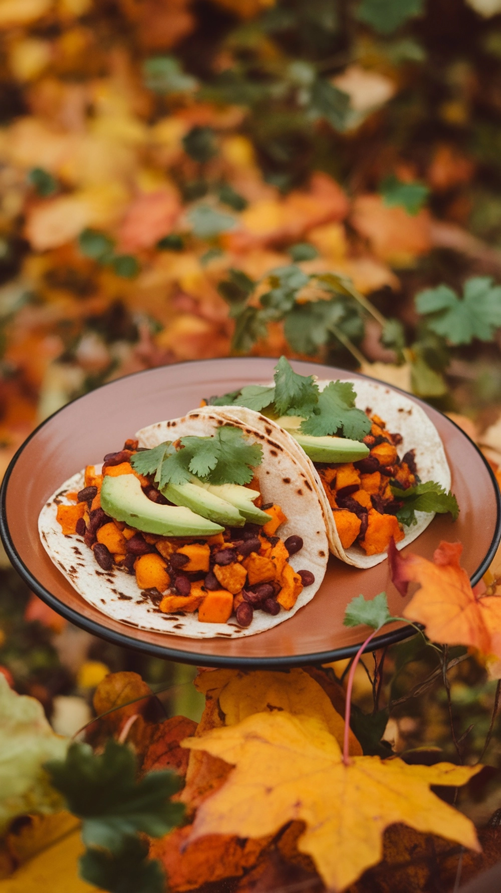 12 Cozy Fall Dinner Recipes To Warm You Up 3 Spiced sweet potato and black bean tacos on a plate surrounded by autumn leaves.
