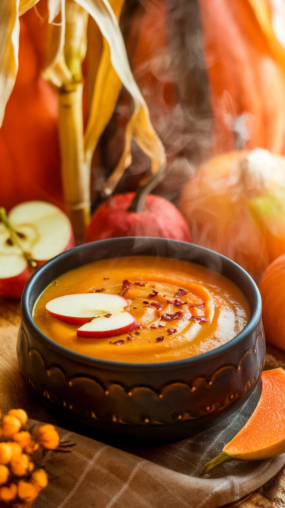 10 Cozy Fall Soup Recipes to Keep You Warm All Season 3 A steaming bowl of Spicy Butternut Squash and Apple Soup garnished with apple slices, surrounded by autumn decorations.