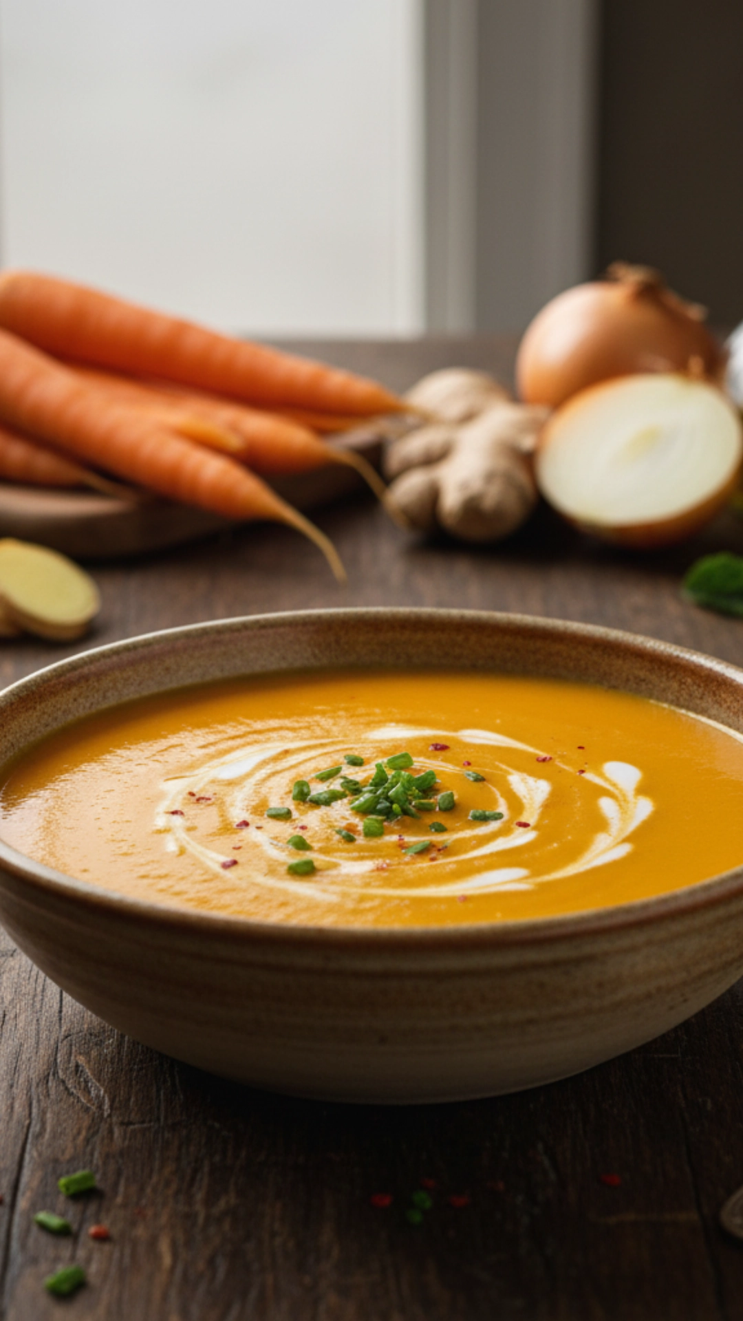 15 Irresistible Cozy Thanksgiving Soups Everyone Will Love 6 Vibrant orange carrot and ginger soup, with a smooth texture and a hint of steam, garnished with fresh herbs.