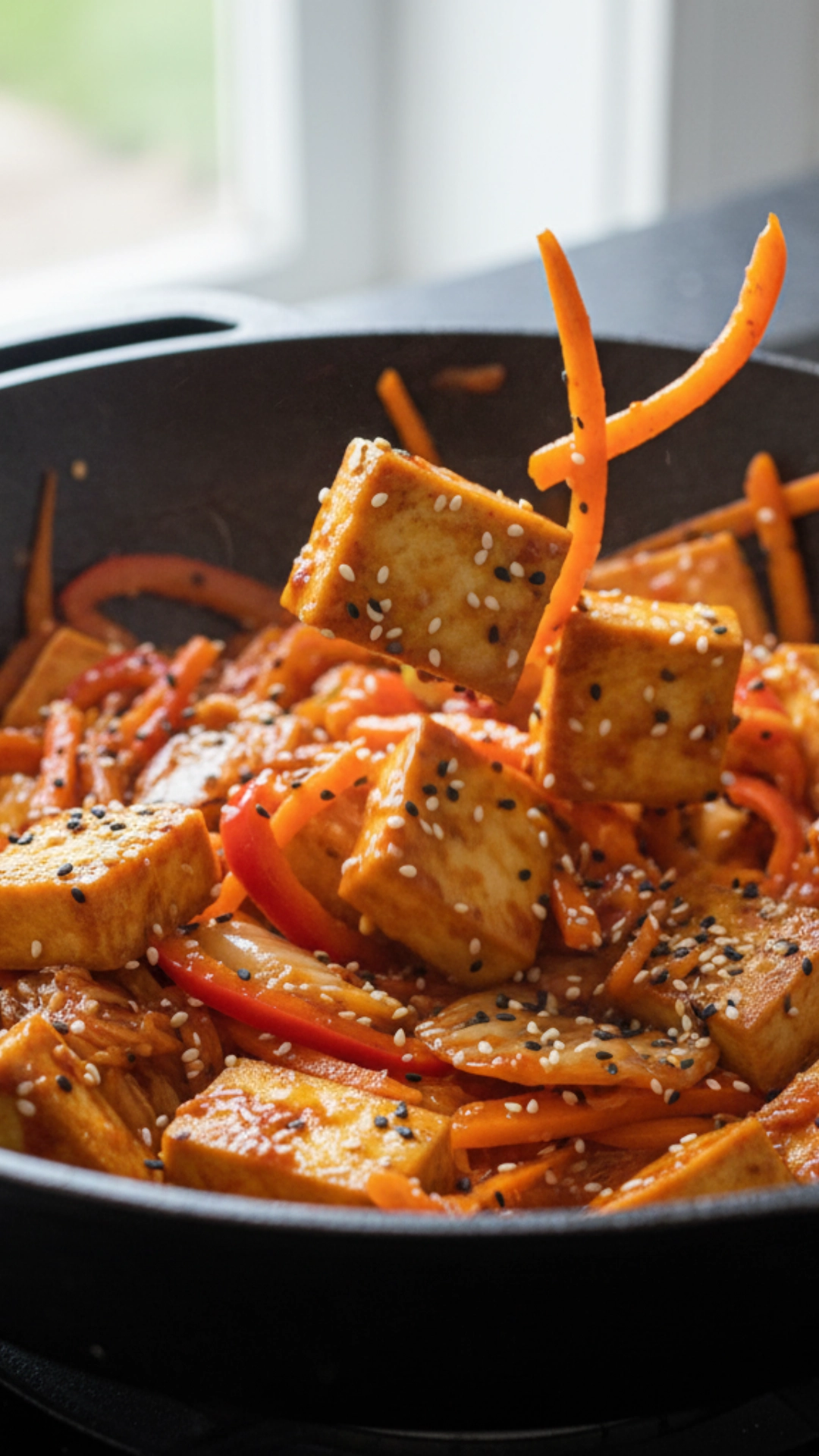 15 Delicious High Fiber Meals to Keep You Full 10 Spicy kimchi and tofu stir-fry with vegetables in a wok.