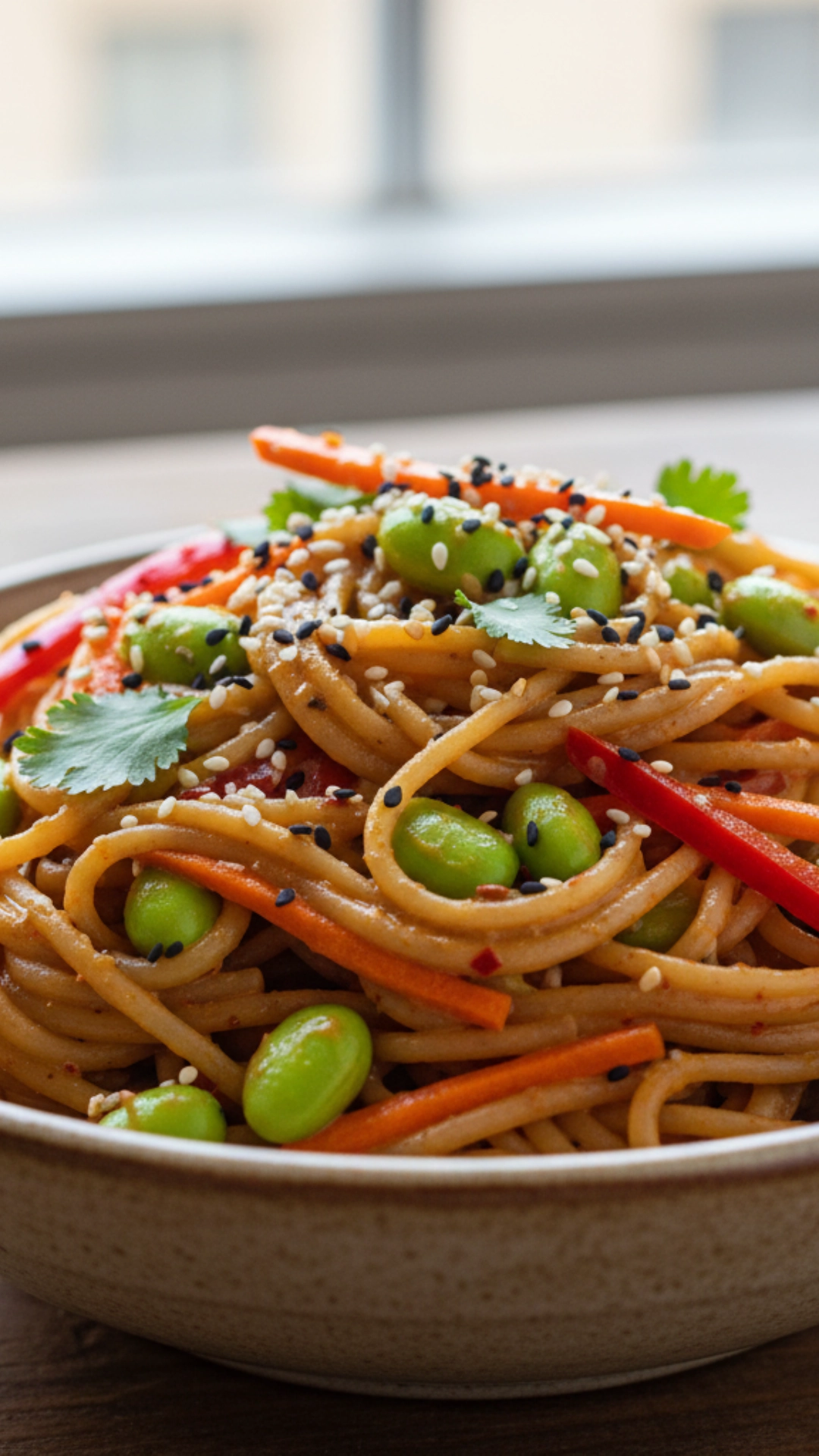 15 Delicious High Fiber Meals to Keep You Full 5 Vibrant bowl of spicy peanut noodles with edamame and fresh vegetables.