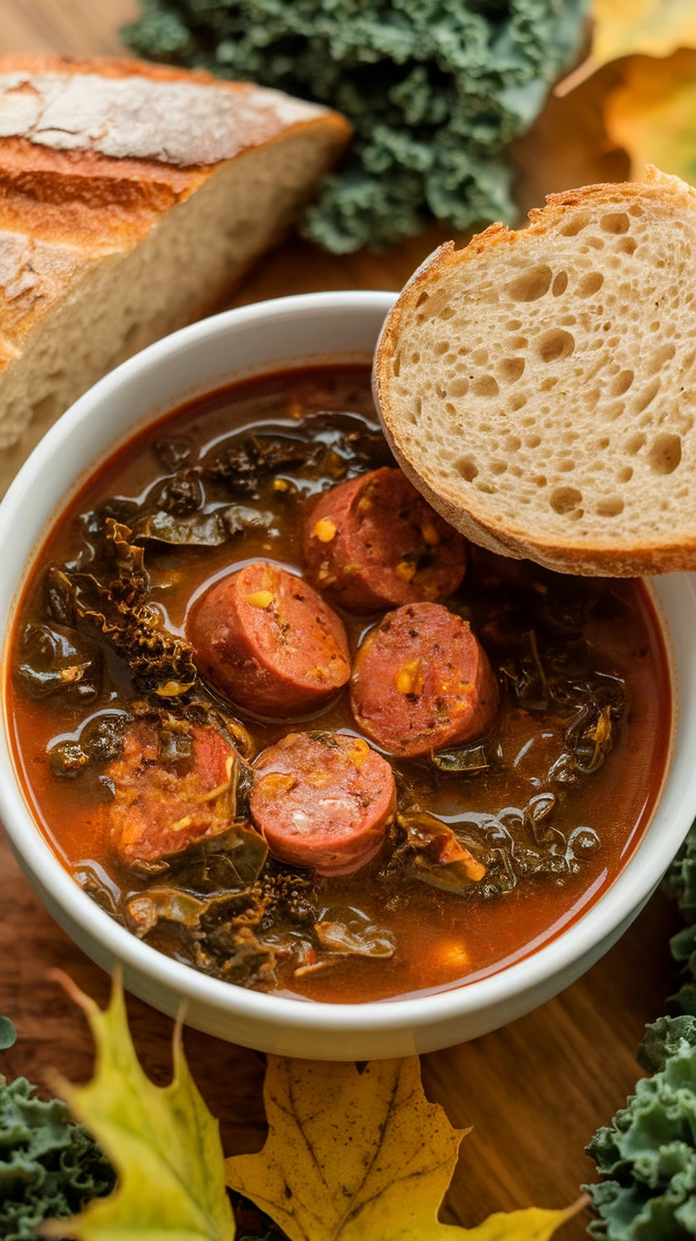 14 Quick Fall Dinner Ideas For Busy Nights 7 A bowl of spicy sausage and kale soup with a slice of bread, surrounded by autumn leaves.