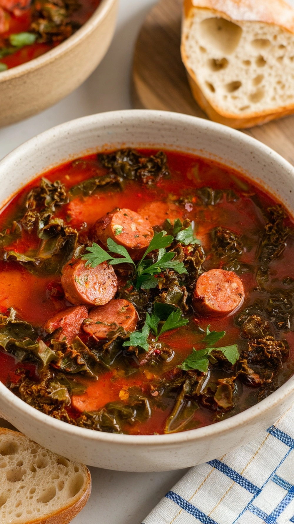 A bowl of spicy sausage and kale soup with slices of sausage and leafy greens, served with bread on the side.