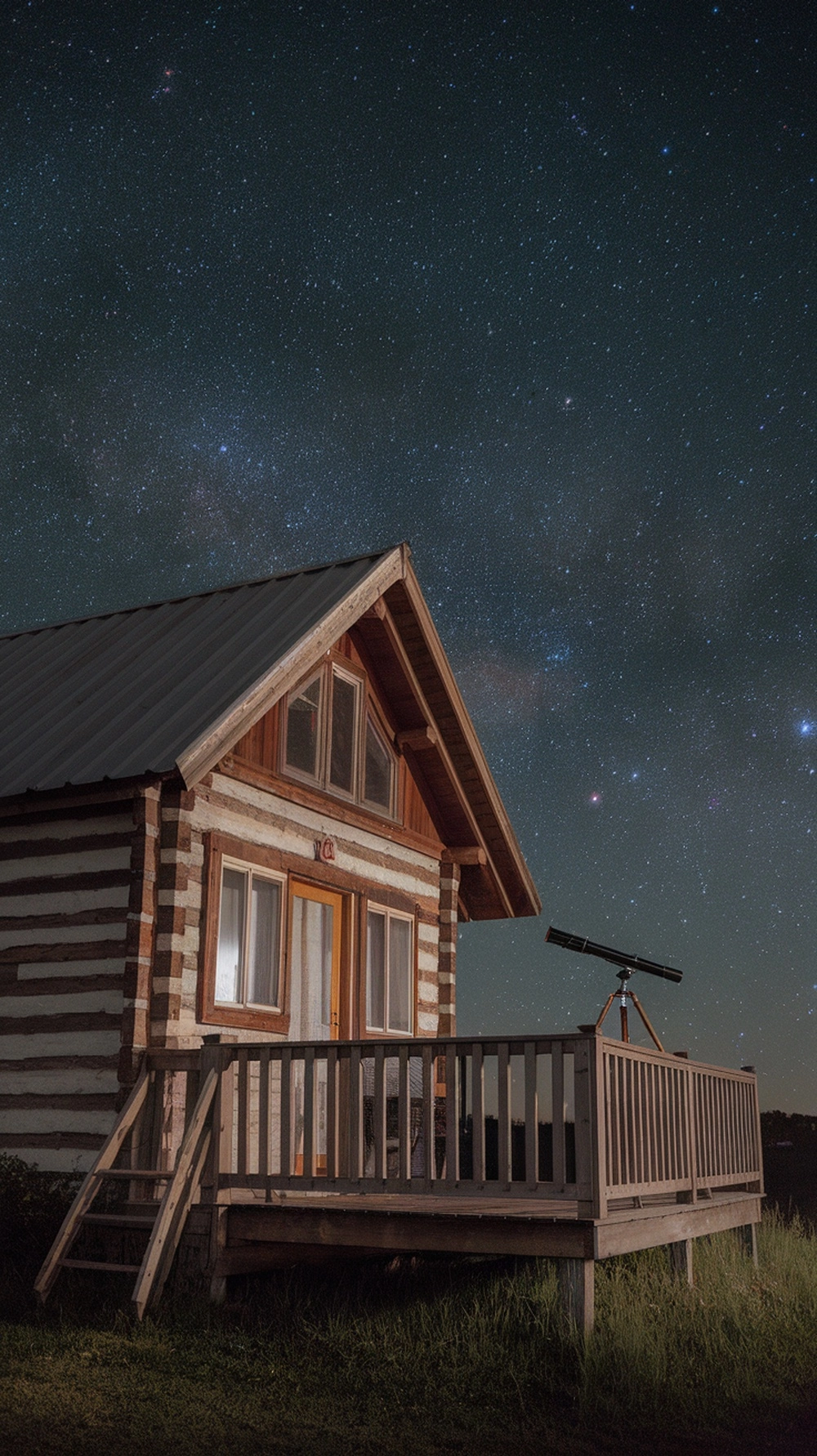 10 Cozy Cabin Trip Ideas for Your Next Adventure 7 A cozy cabin under a starry night sky with a telescope on the porch.