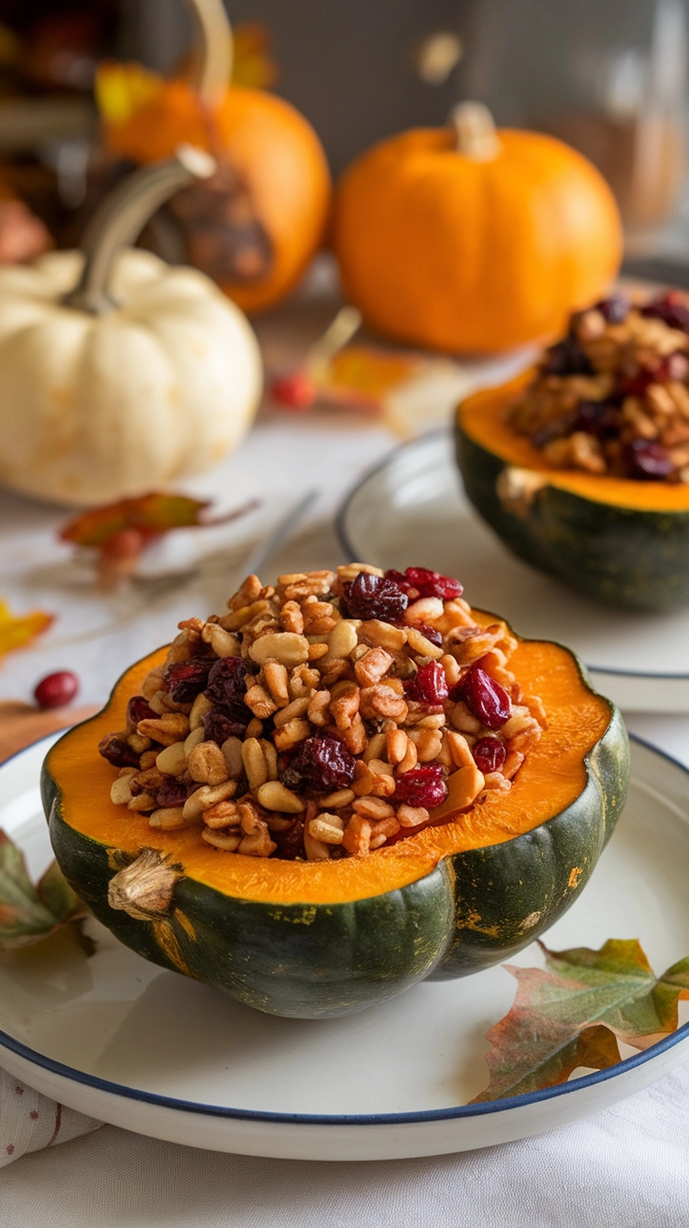 10 High Fiber Dinner Recipes for a Healthier You 10 Stuffed acorn squash filled with farro, nuts, and dried fruits, surrounded by decorative pumpkins and autumn leaves.
