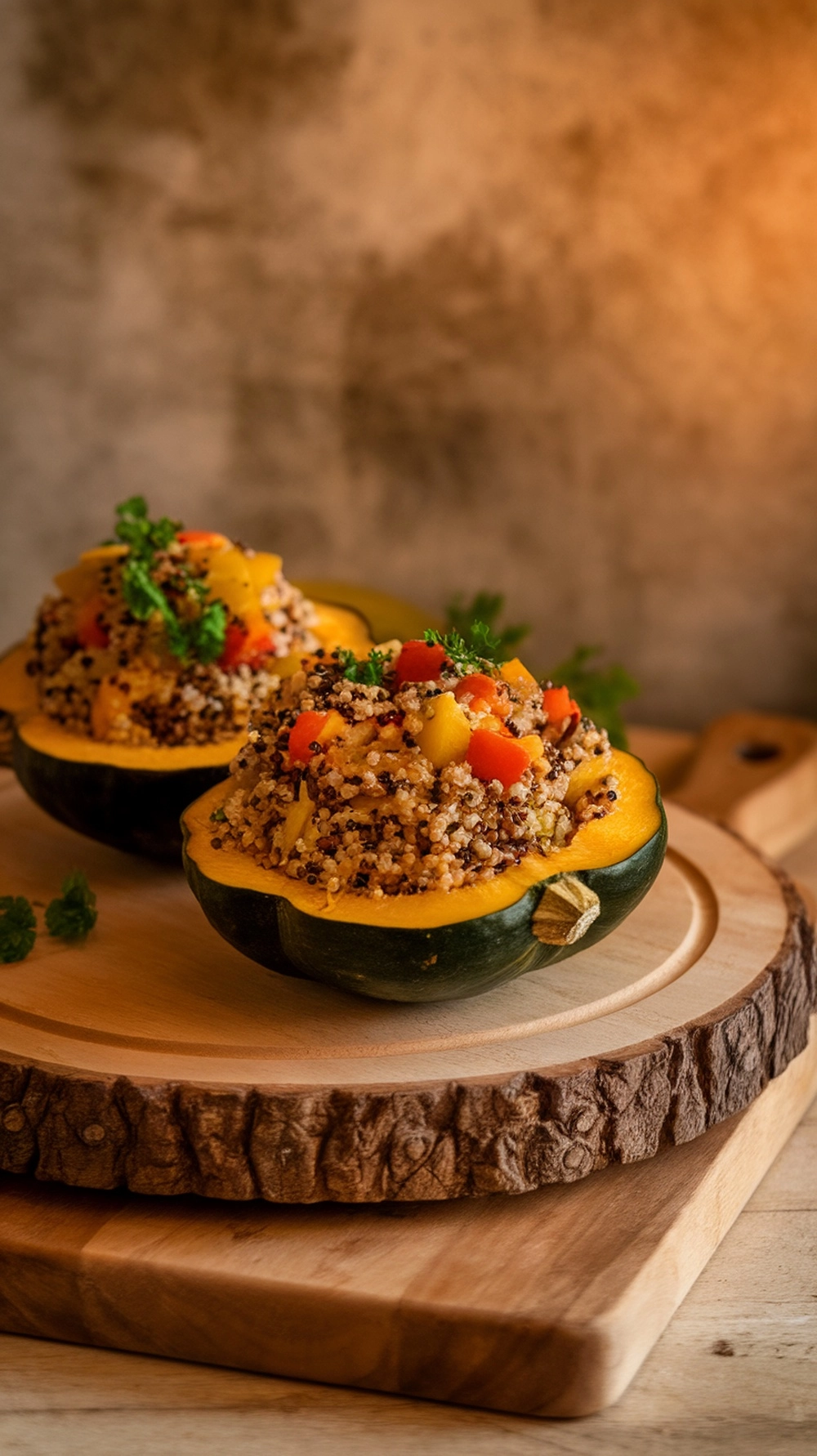 10 Easy Thanksgiving Side Dishes Everyone Will Love 11 Stuffed acorn squash with quinoa and vegetables on a wooden platter