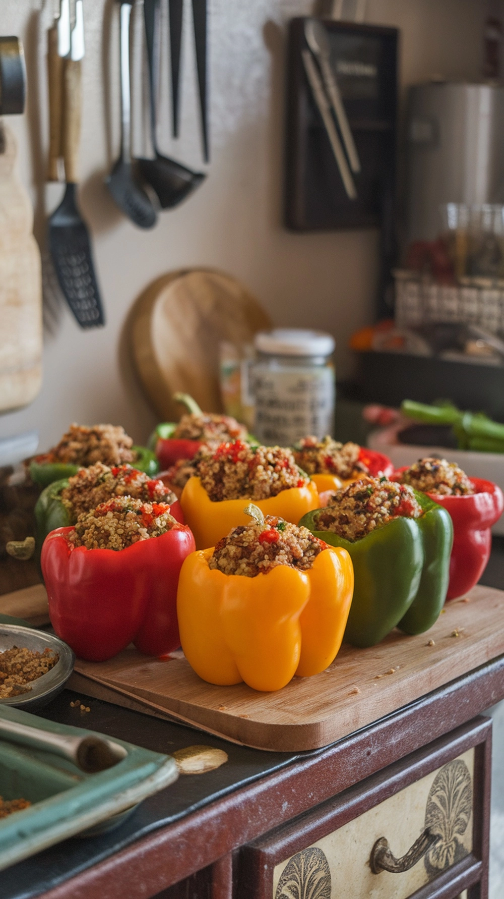 14 Quick Fall Dinner Ideas For Busy Nights 6 Colorful stuffed bell peppers filled with quinoa and vegetables on a wooden cutting board.