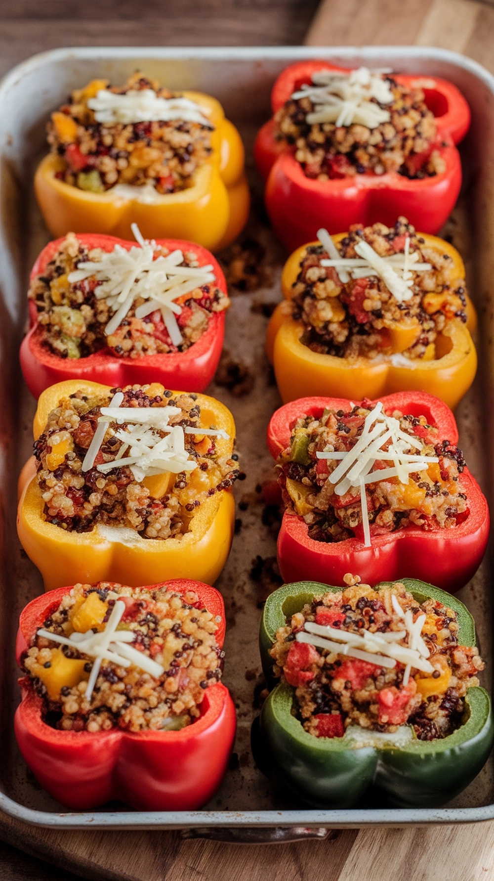 Colorful stuffed bell peppers filled with quinoa and topped with cheese