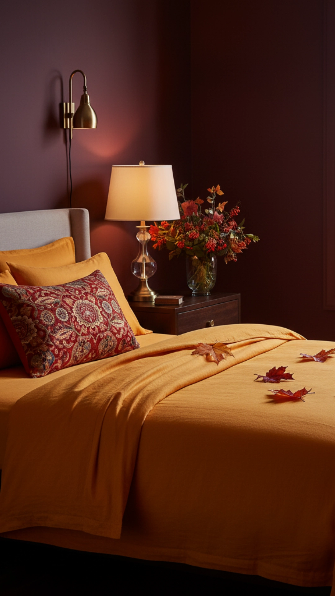  A modern bedroom with deep burgundy walls and a vibrant orange bed, with warm light from a sconce and lamp.