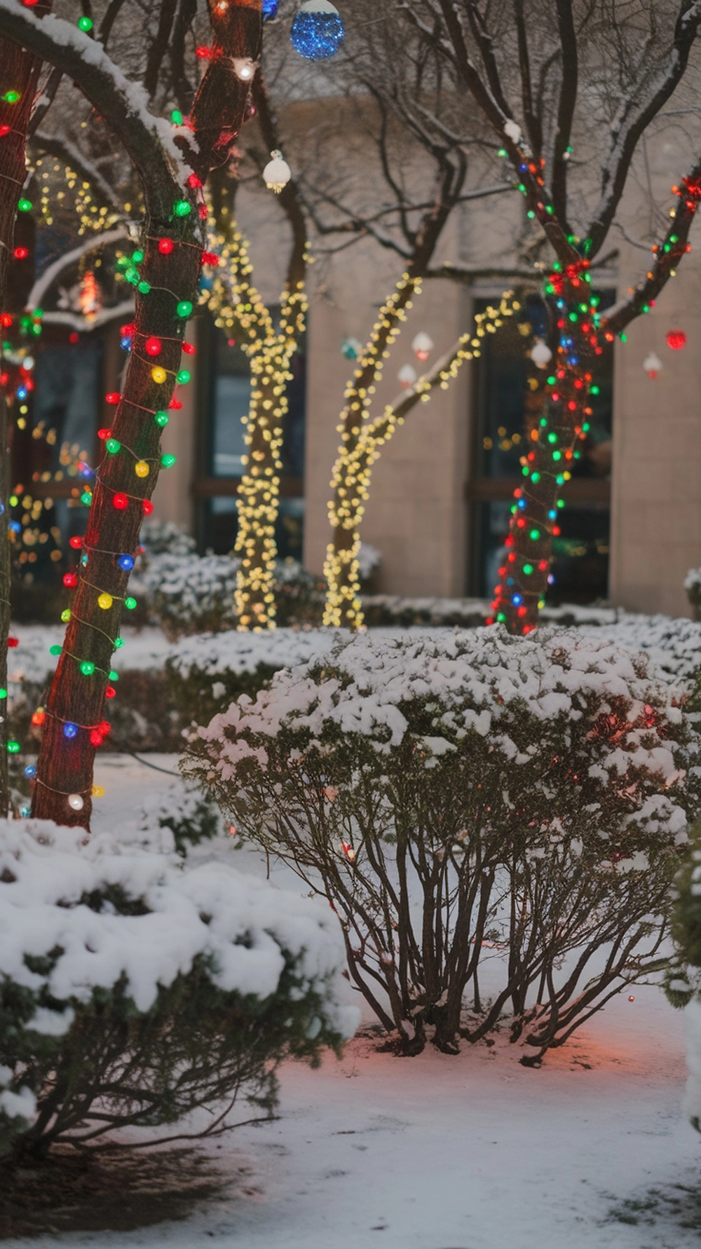 14 Creative Christmas Decor Ideas for Your Home 3 Colorful holiday lights on trees and bushes in a snowy landscape