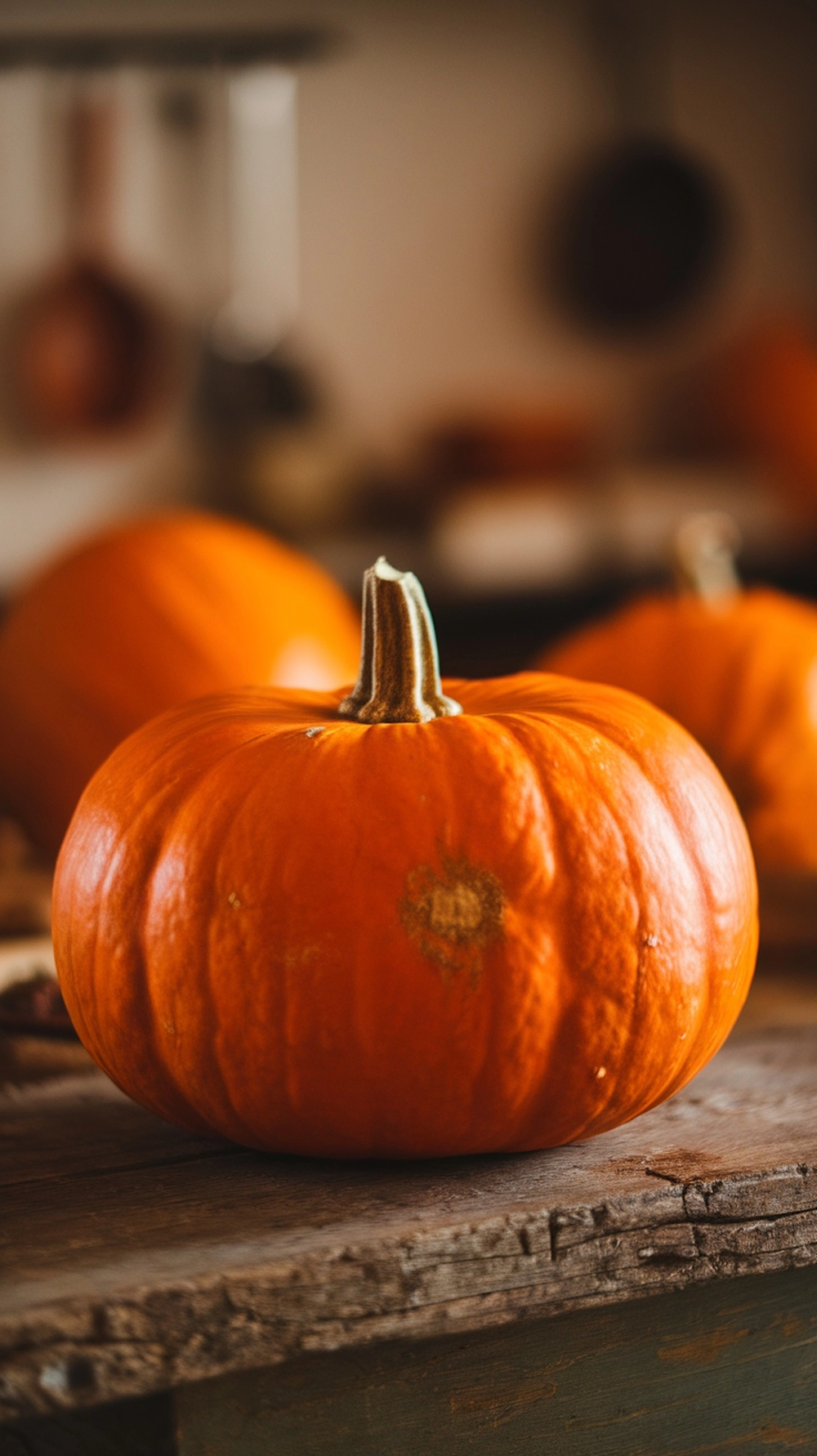 A close-up of a sugar pumpkin on a rustic wooden table, surrounded by other pumpkins.
