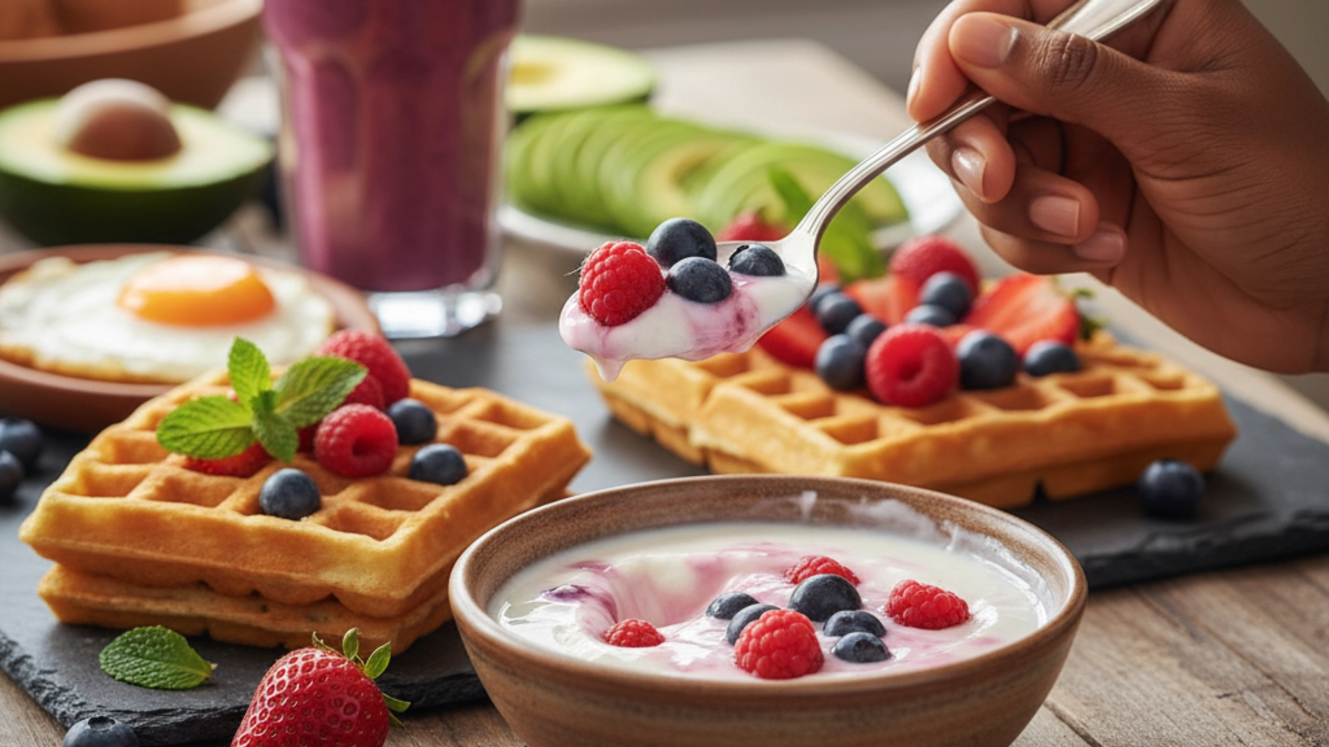 A vibrant and appealing spread of various high-protein breakfast ideas, including yogurt, waffles, eggs, and a smoothie, with a hand reaching in.