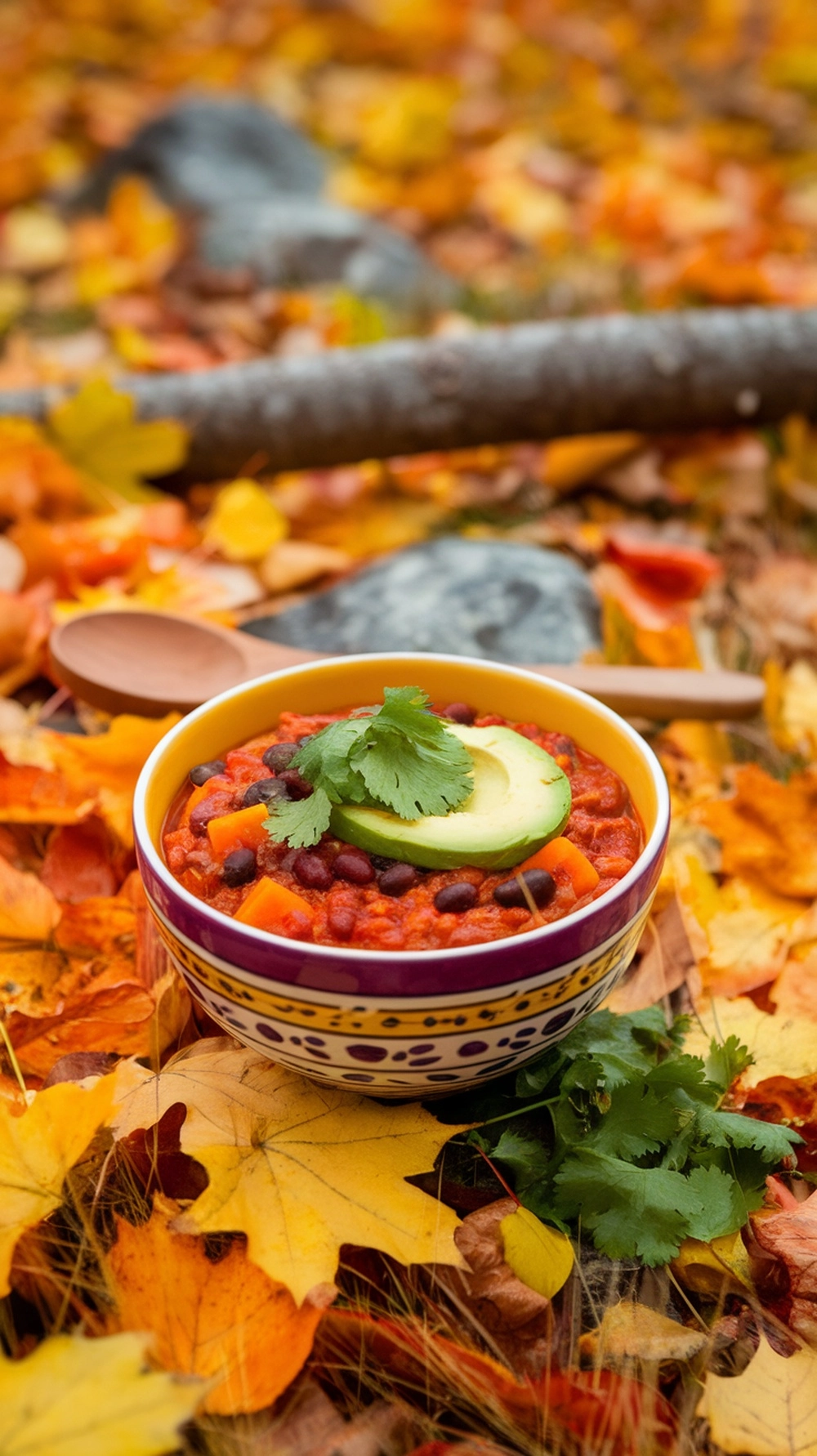 10 Cozy Fall Soup Recipes to Keep You Warm All Season 10 A bowl of Sweet Potato and Black Bean Chili surrounded by colorful autumn leaves.