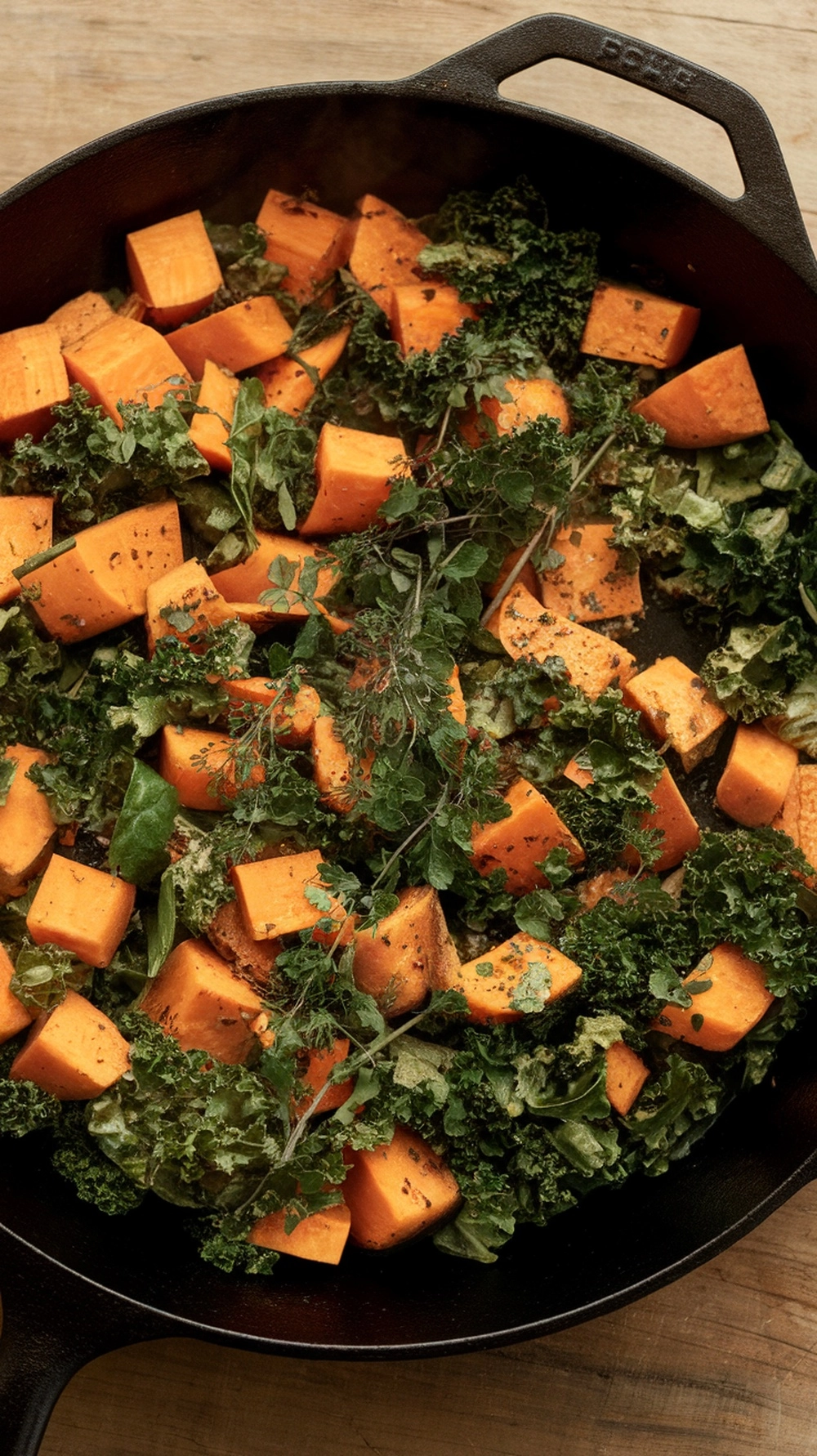10 High Fiber Dinner Recipes for a Healthier You 6 A skillet filled with diced sweet potatoes and chopped kale, ready to be cooked.
