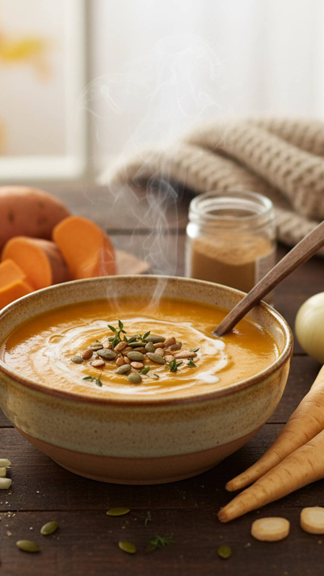 15 Irresistible Cozy Thanksgiving Soups Everyone Will Love 10 Smooth, creamy Sweet Potato and Parsnip Soup in a bowl with a swirl of cream garnish.