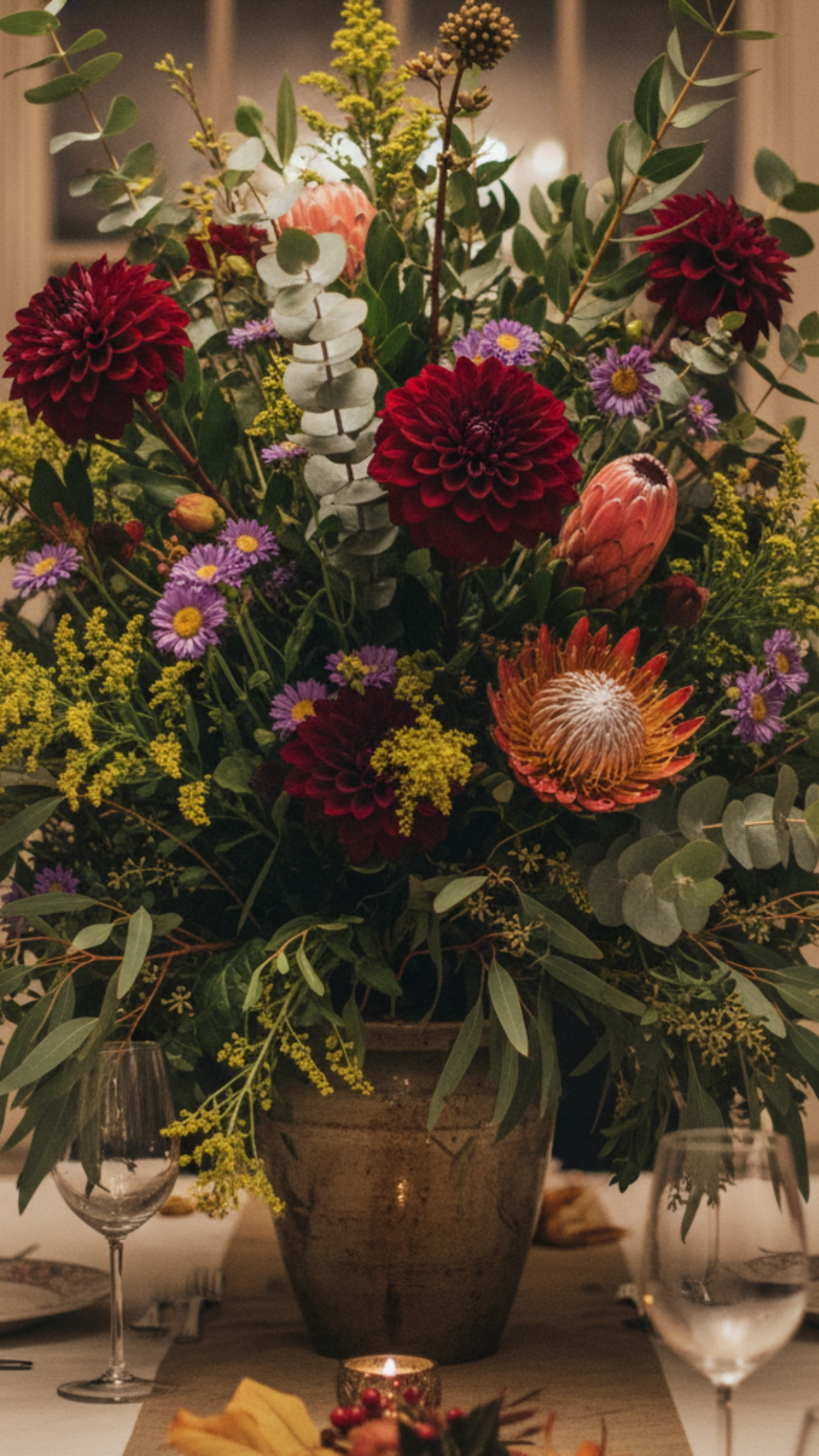 12 Shocking Thanksgiving Table Decor Ideas You Need 9 A person trying to see around a centerpiece that is too tall for a Thanksgiving table.