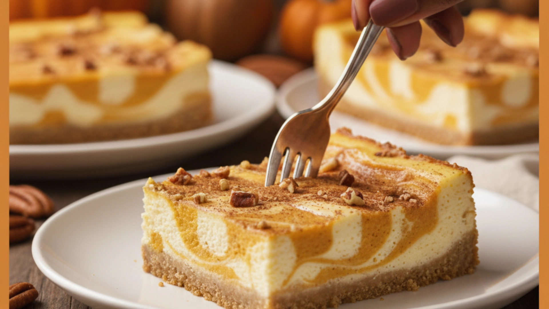 Woman's hand with fork near a slice of creamy pumpkin cheesecake bar on a white plate.