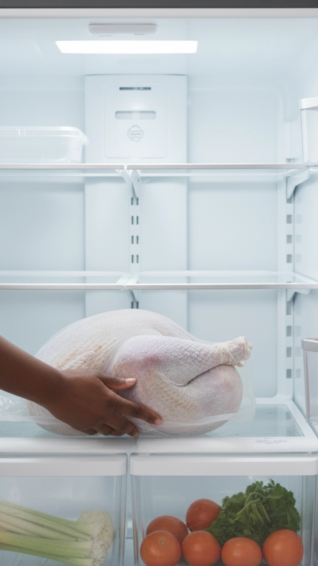 How to Plan the Perfect Thanksgiving Menu 4 Placing a large frozen turkey on the bottom shelf of a refrigerator to thaw.
