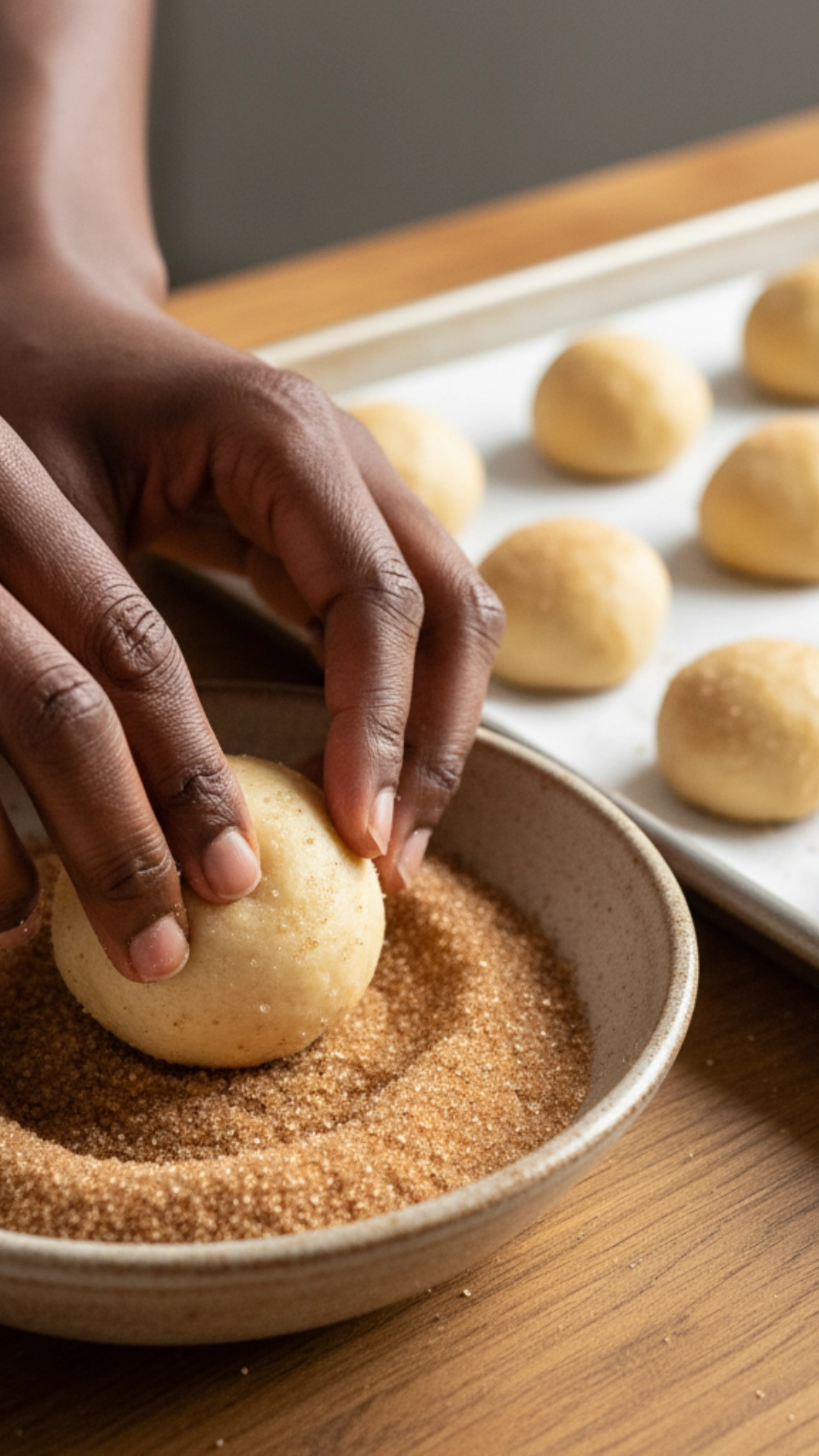 A ball of apple cider cookie dough being rolled in a bowl of cinnamon sugar before baking.