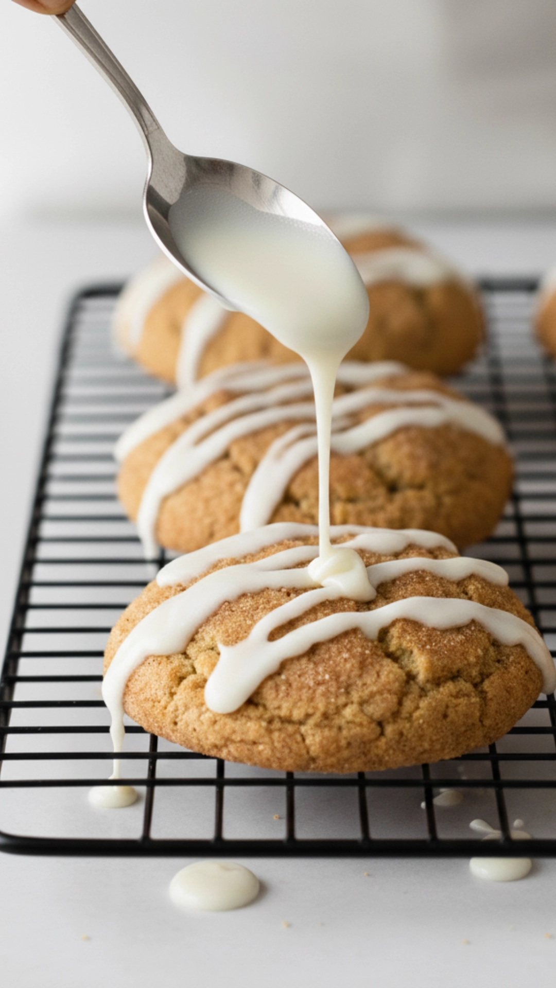 A spoon drizzling sweet apple cider glaze over a batch of cooled apple cider cookies on a wire rack.