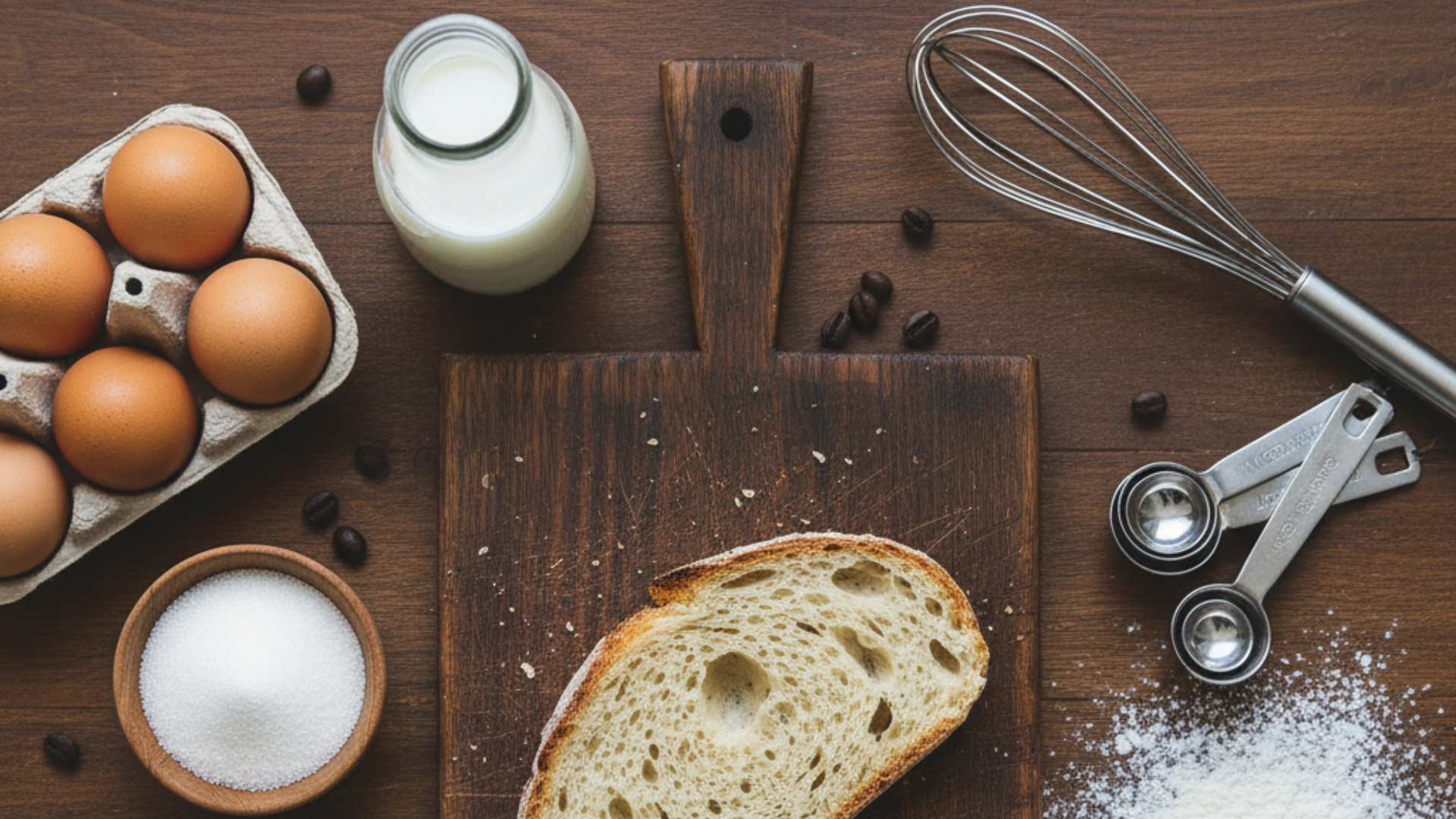 Flat lay of fresh baked bread slice with essential baking ingredients and tools, representing Home Baking Essentials.