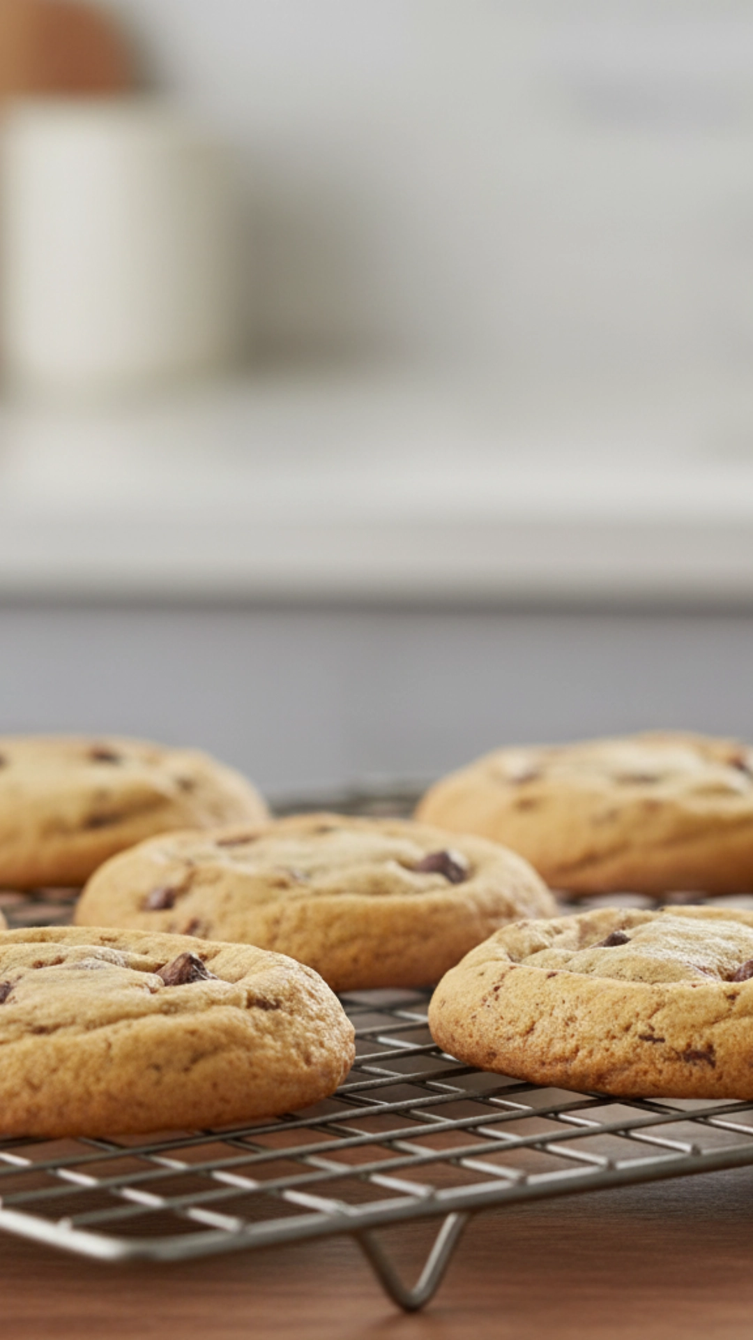 The Ultimate Guide to Home Baking Essentials 9 Freshly baked chocolate chip cookies cooling on a wire rack.