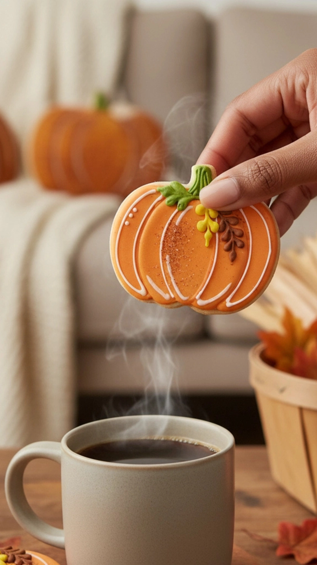 Holding a decorated pumpkin cookie next to a steaming mug of coffee in a cozy, fall-themed setting.