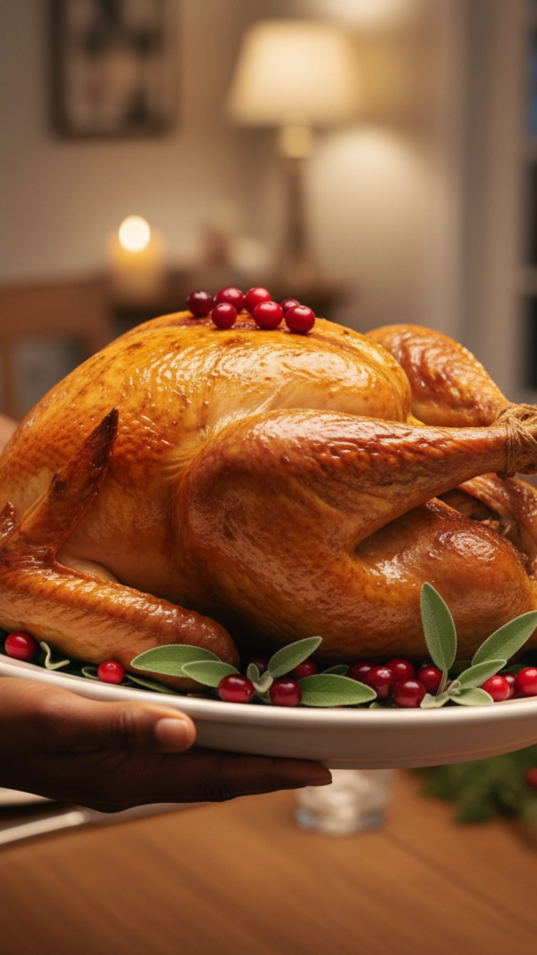 How to Plan the Perfect Thanksgiving Menu 7 Holding a large white platter showing a perfectly roasted, golden-brown Thanksgiving turkey.