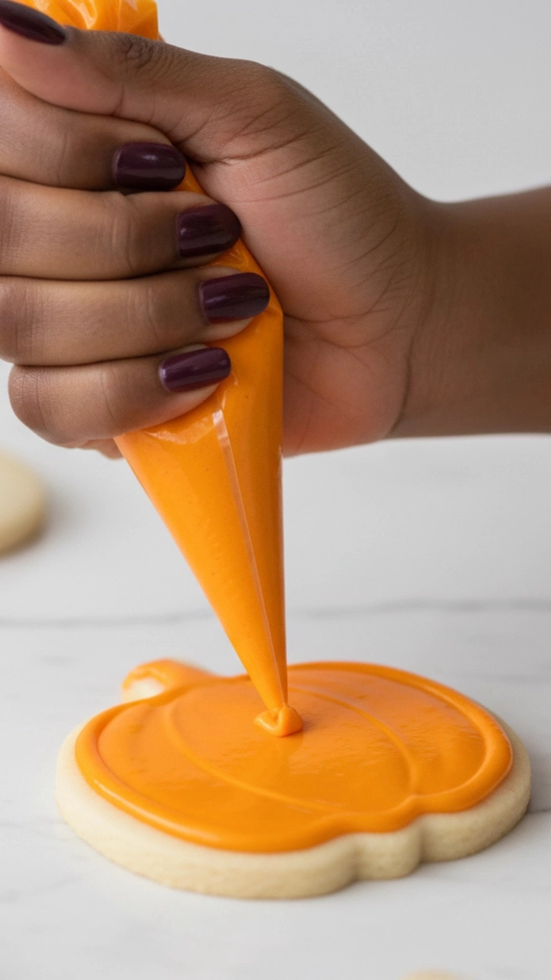  Flooding a pumpkin-shaped cookie with glossy, bright orange royal icing from a piping bag.
