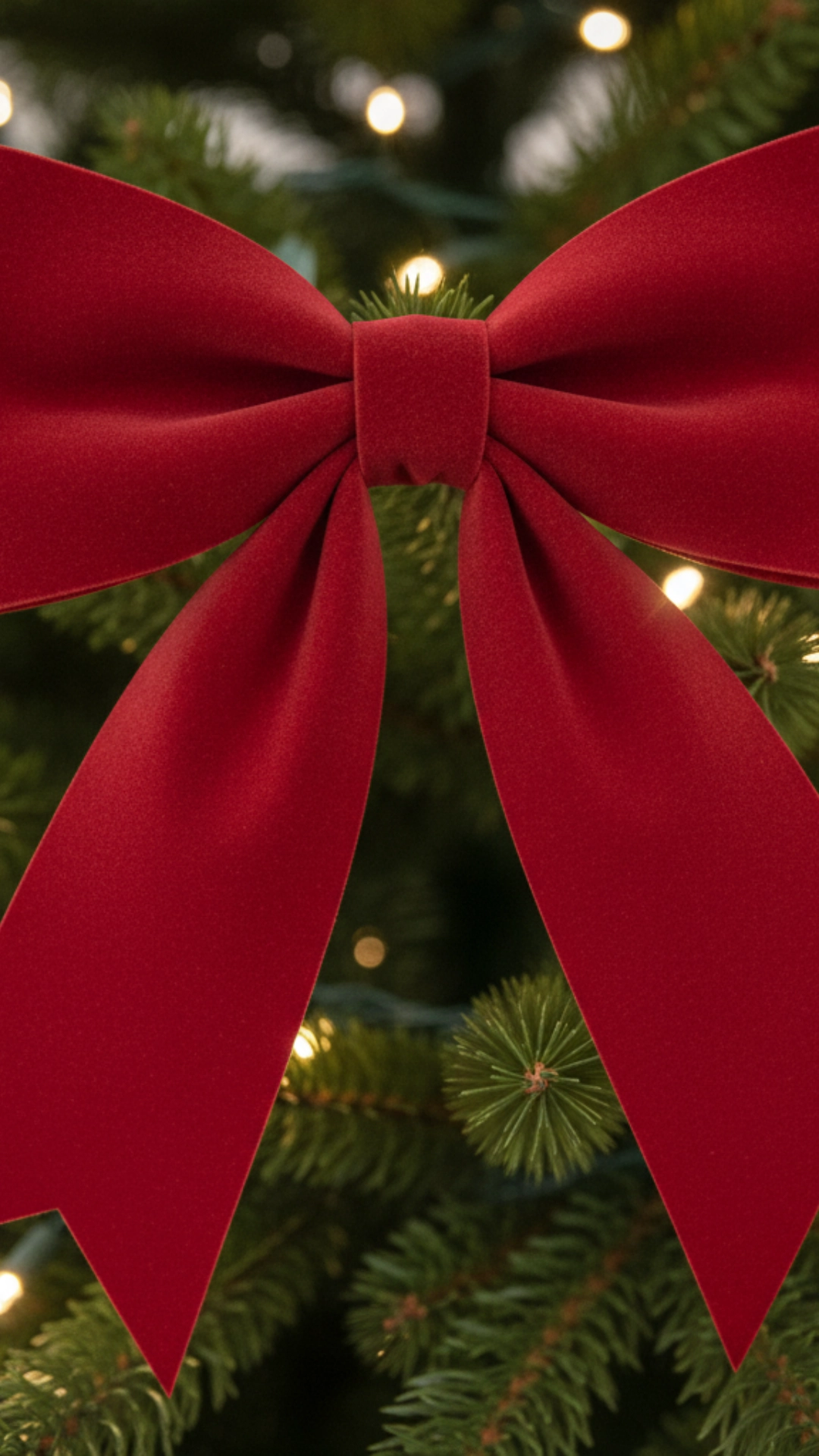 A lush red velvet bow tied onto a branch of a Christmas tree as a decoration.