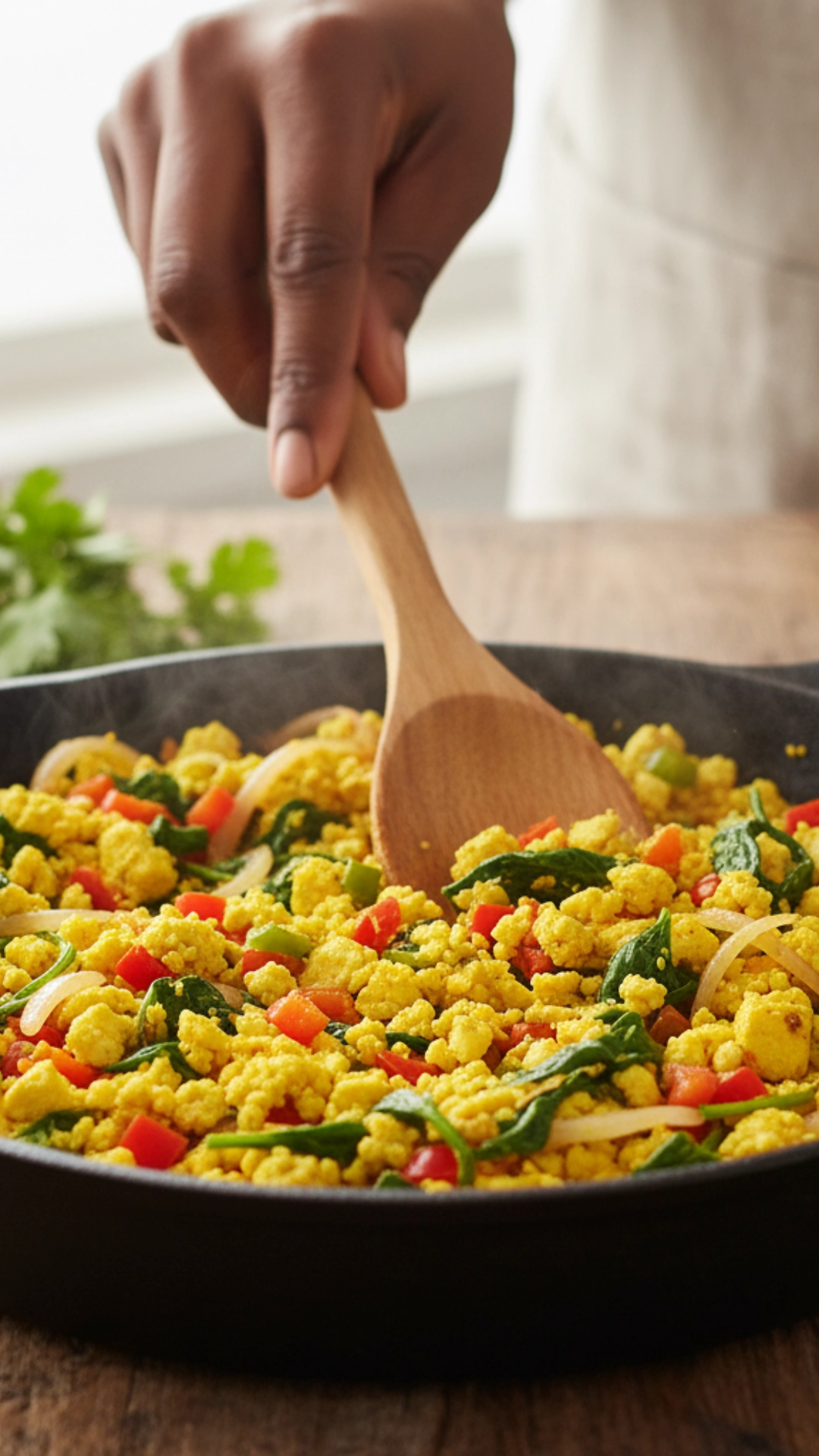10 Delicious High-Protein Breakfast Ideas 8 A colorful and savory tofu scramble being cooked in a skillet, a great vegan high-protein breakfast.