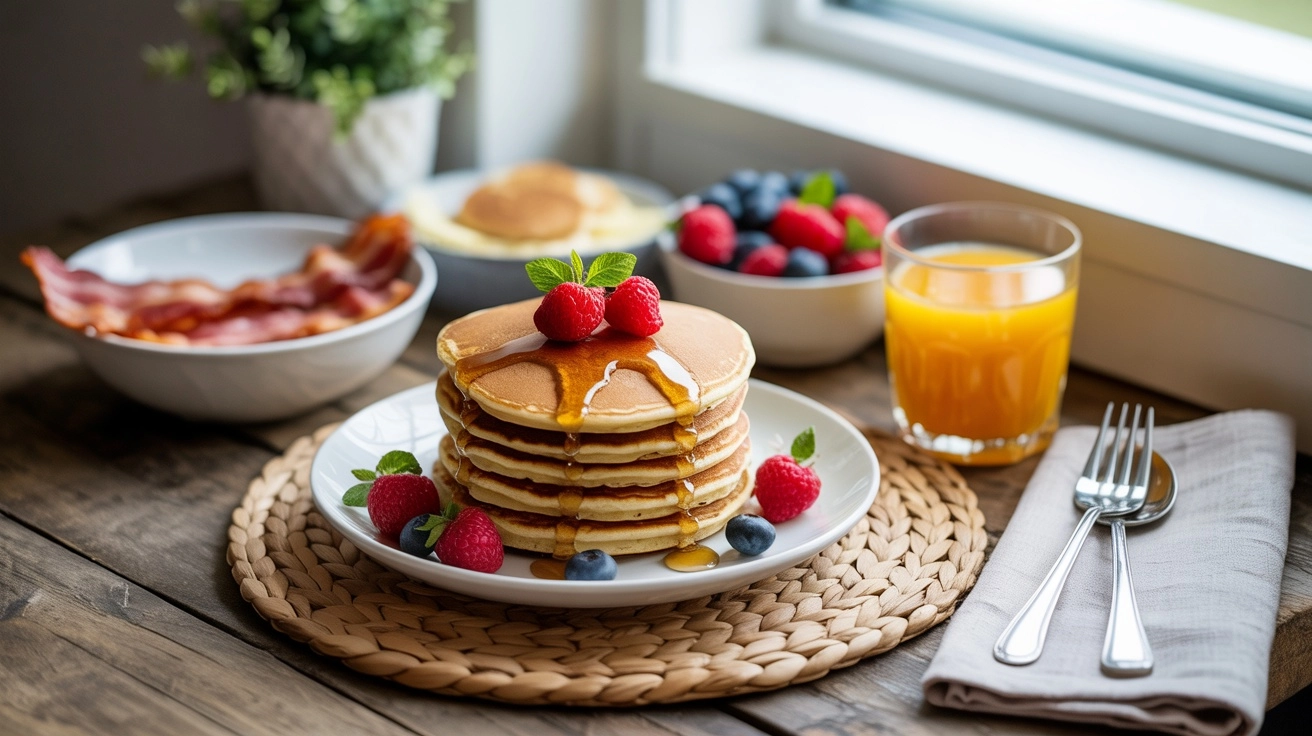 High-Protein Breakfast with pancakes, toast, juice, and fresh berries
