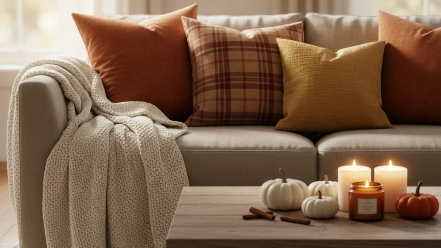 How to Use Cozy Home Decor to Unleash the Power of Fall 1 Cozy Home Decor with candles, throw blankets, and autumn decor.