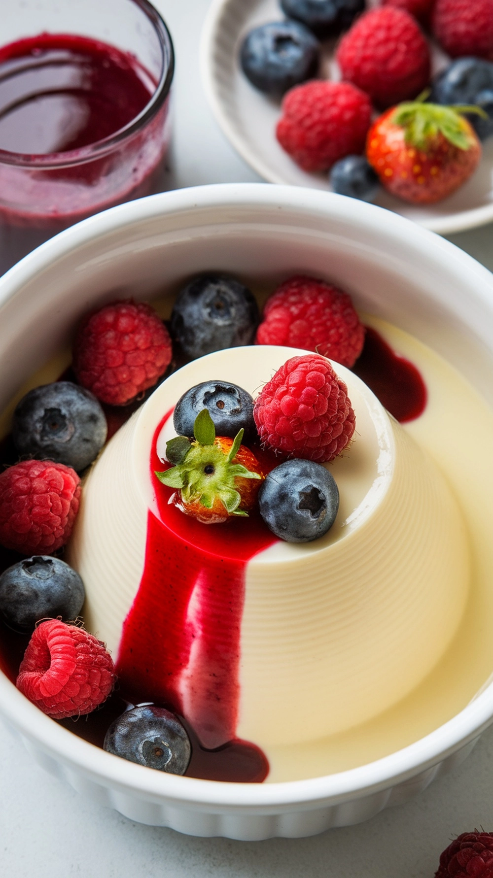 16 Irresistible Christmas Desserts That Will Wow Your Guests 14 A bowl of vanilla bean panna cotta topped with fresh berries and berry sauce.