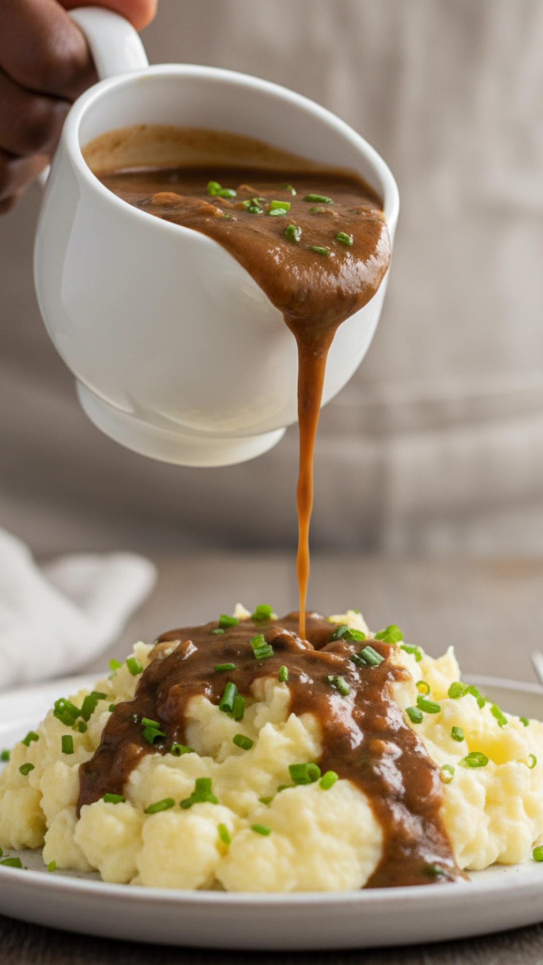18 Amazing Healthy Thanksgiving Recipes to Try Now 3 A gravy boat pouring rich, vegan mushroom gravy over a scoop of mashed cauliflower.