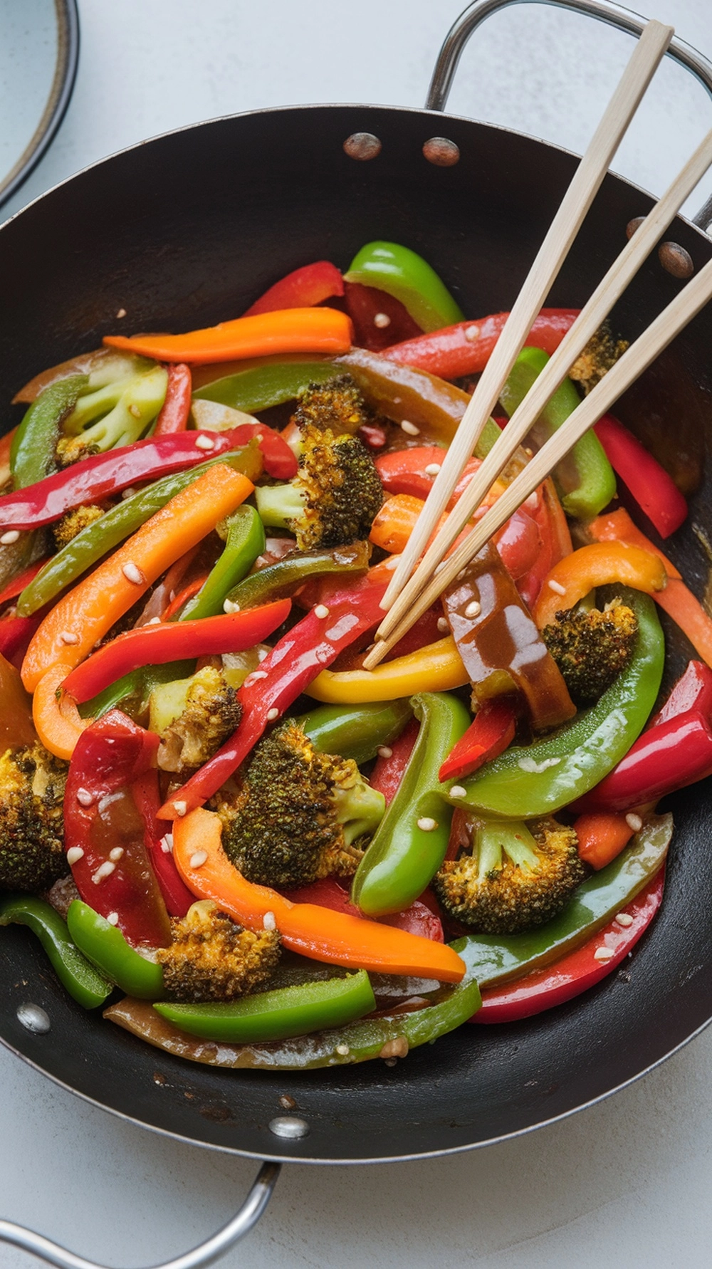 A colorful vegetable stir-fry with teriyaki sauce in a pan, featuring bell peppers and broccoli.