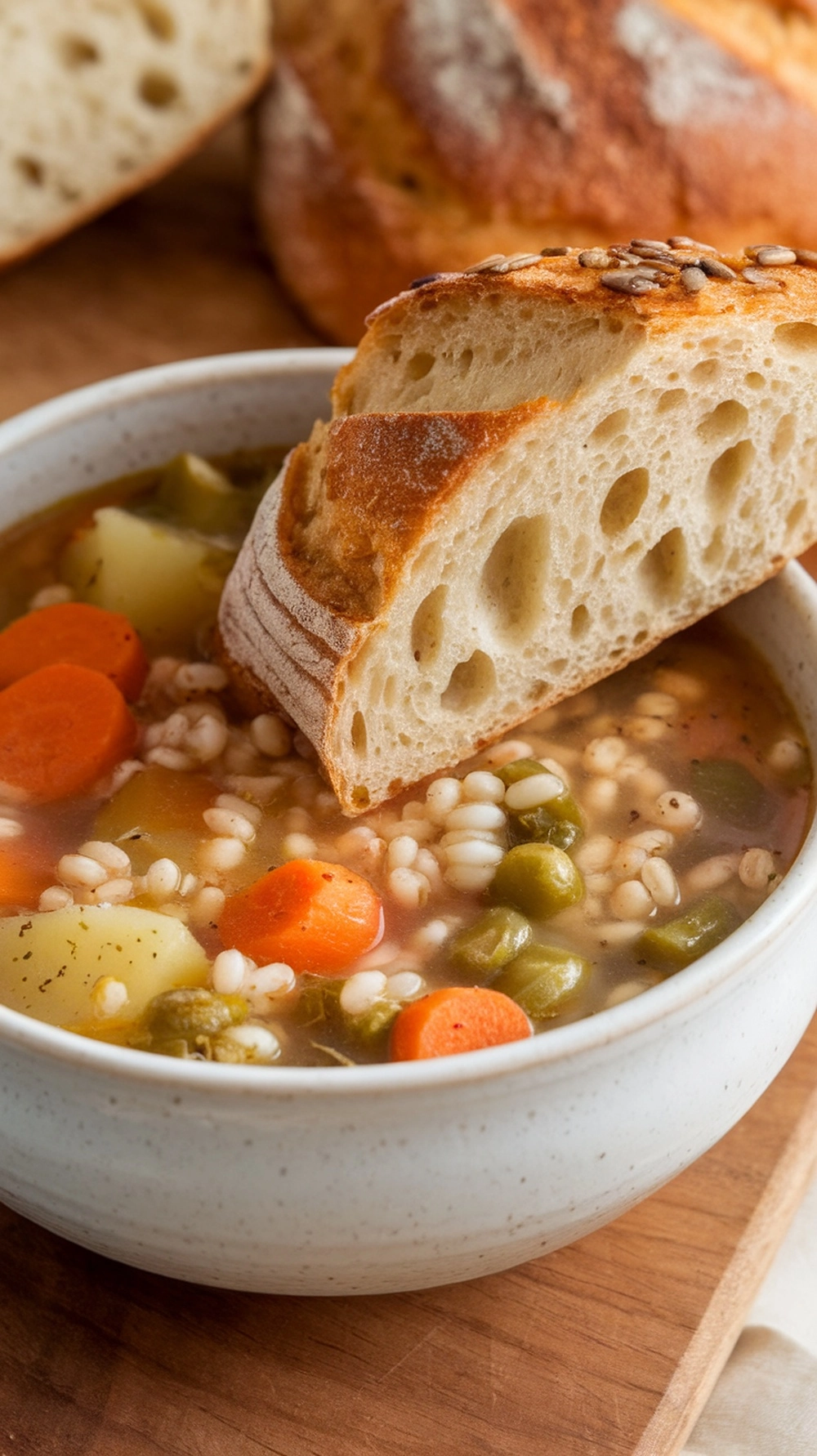 10 High Fiber Dinner Recipes for a Healthier You 4 A bowl of vegetable and barley soup with a slice of bread on the side.